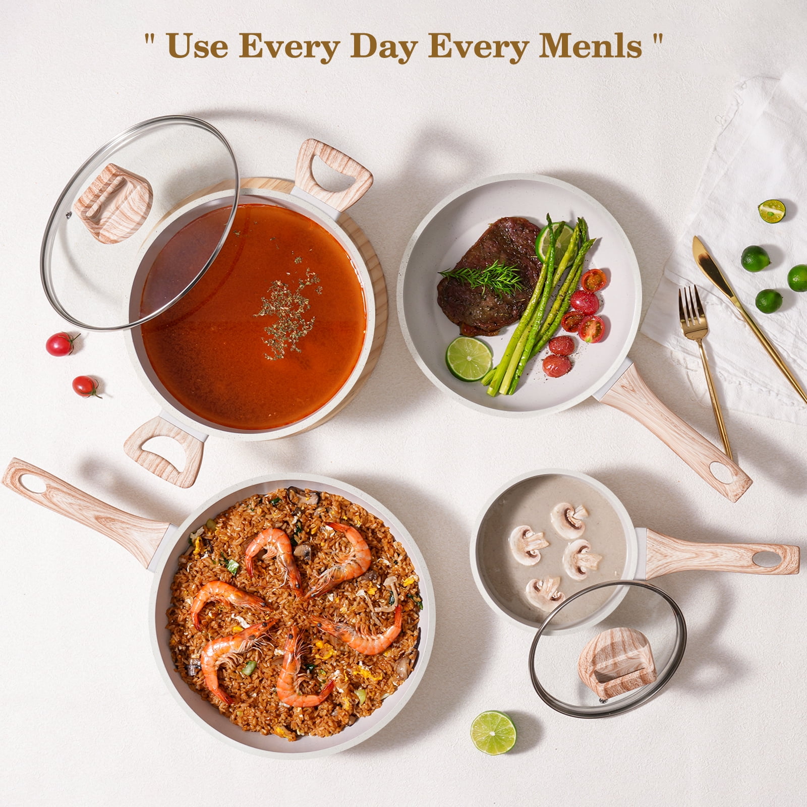 12pcs Pots and Pans Set Non Stick Granite Skillet Frying Kitchen Cooking Cookware for Daily Cooking-White - Image 2