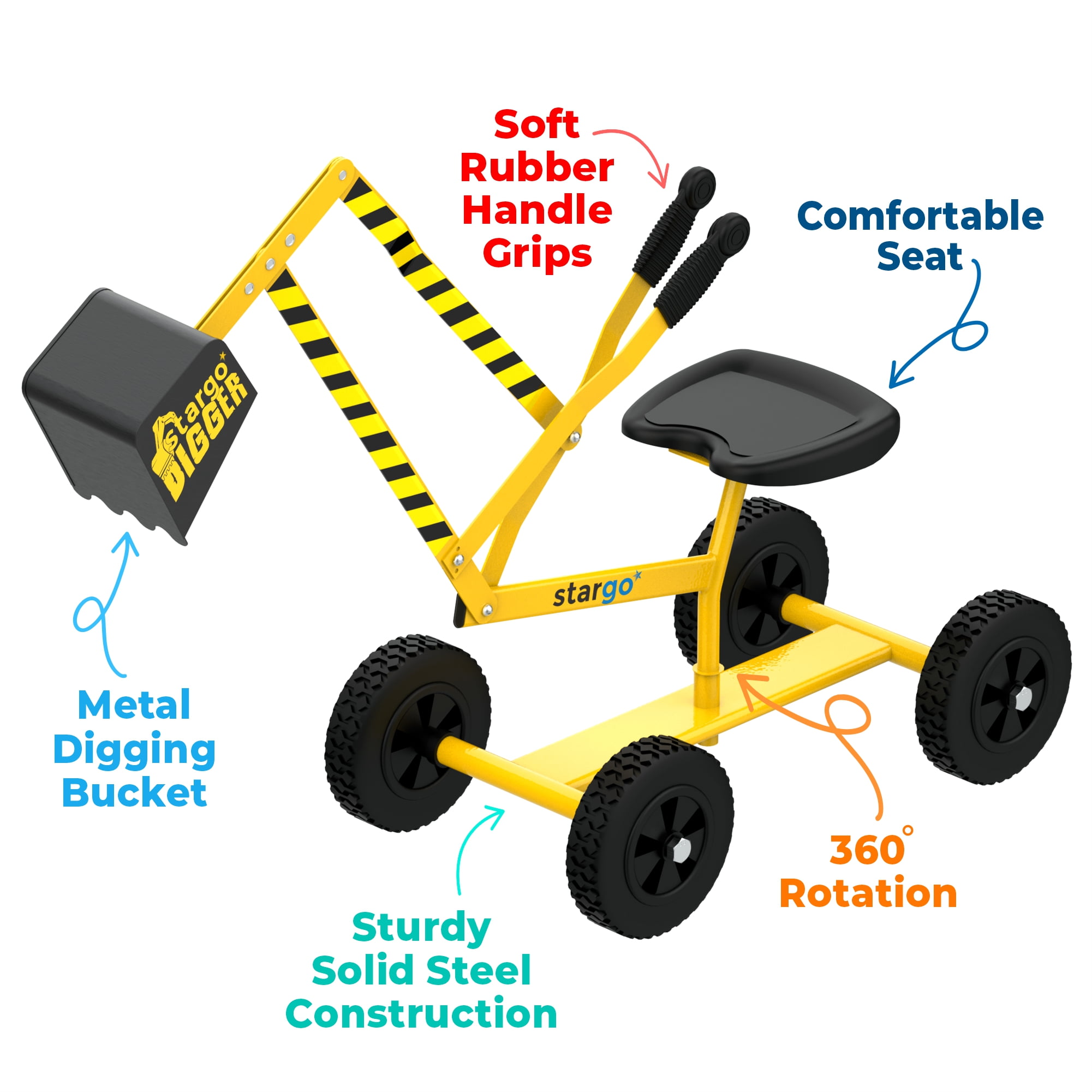 Stargo Kids Excavator Toys Sand Digger on Wheels with Hat, Steel Sandbox Digger Toys for Boys, Ride On Excavator, Beach Toy for Sand Dirt Snow - Image 2