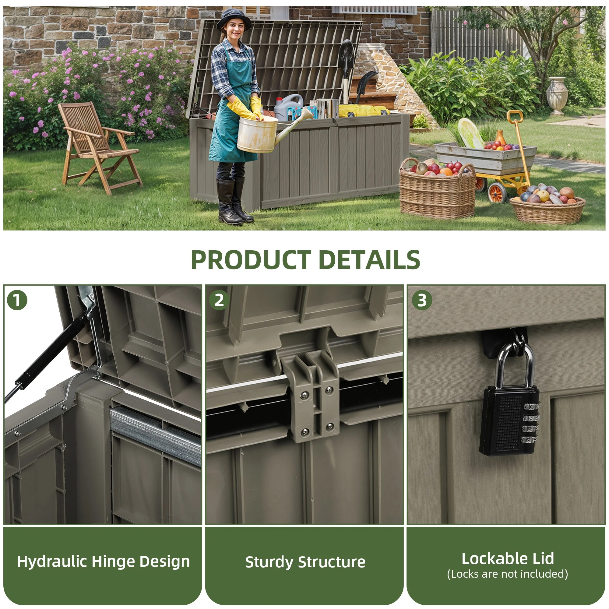 120-Gallon Light Brown Outdoor Storage Box - Weather-Resistant Resin Bin for Toys, Tools, and Blankets with Extra Seating and Easy-Move Handles - Image 2