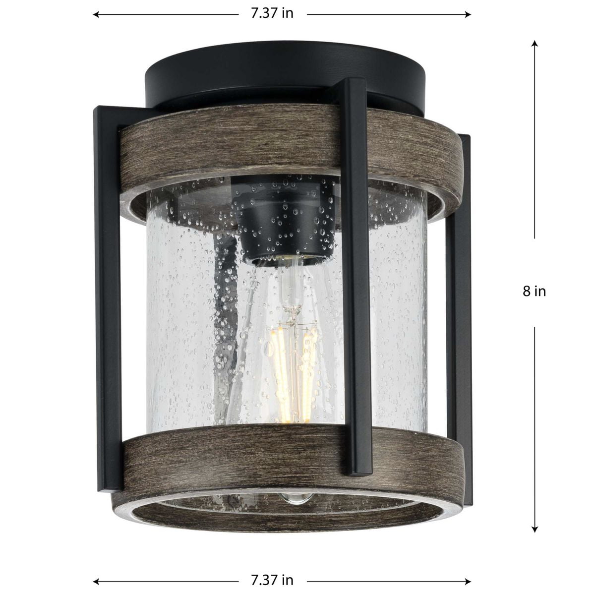 Whitmire Collection One-Light Matte Black with Aged Oak Accents Clear Seeded Glass Farmhouse Outdoor Ceiling Mount Light - Image 2
