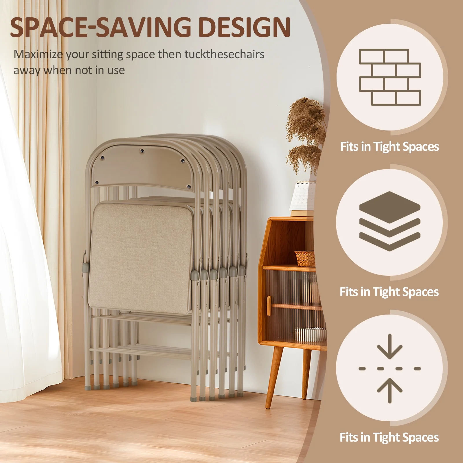 HONGGE Metal Padded Folding Chair, khaki (Set of 6) - Image 2