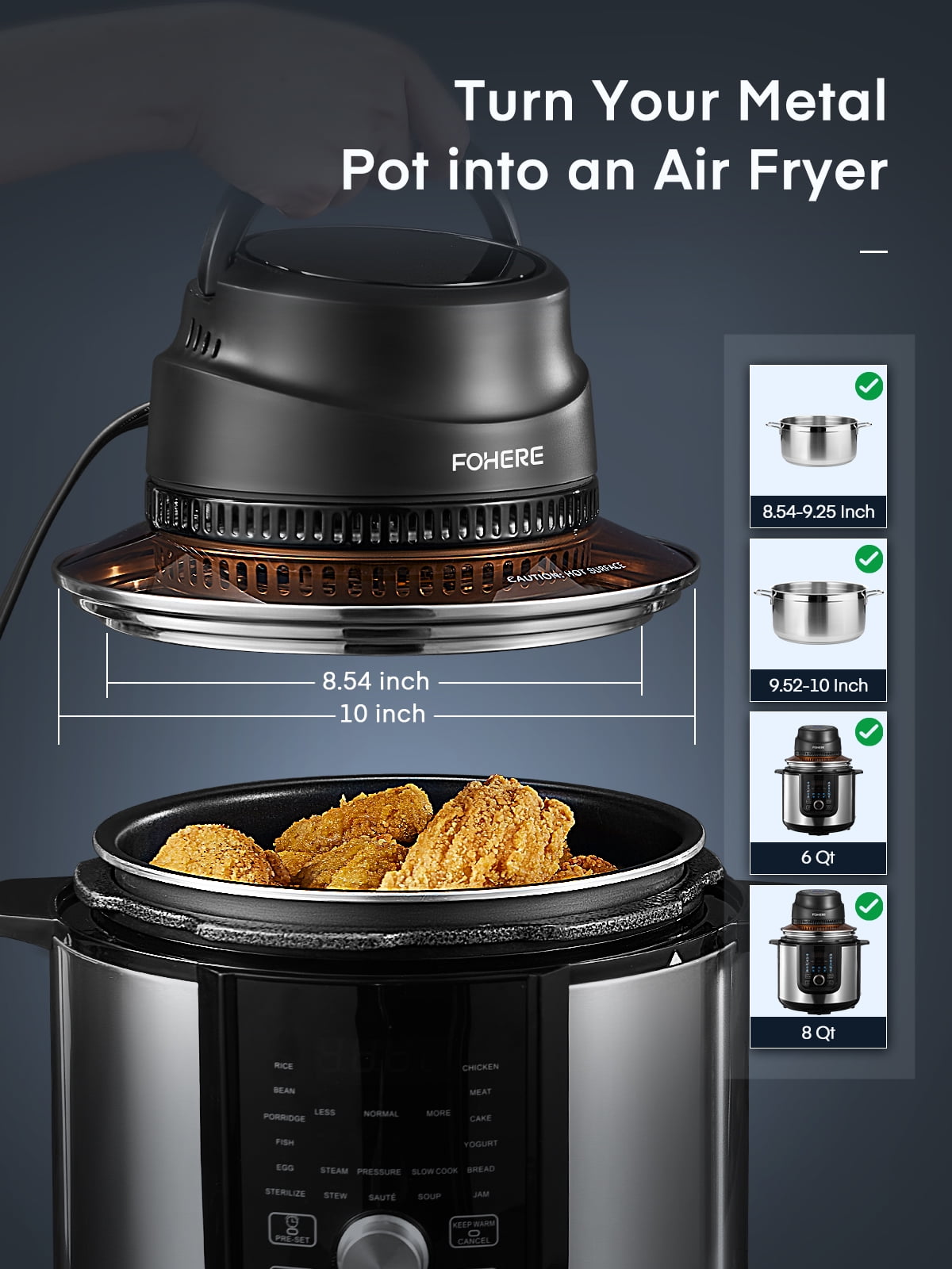 FOHERE Air Fryer Lid 7-in-1 for Instant Pot 6&8 Qt, Crisp Lid Touchscreen, Turn Your Pressure Cooker Into Air Fryer in Seconds, Accessories and Recipe Cookbook Included - Image 4