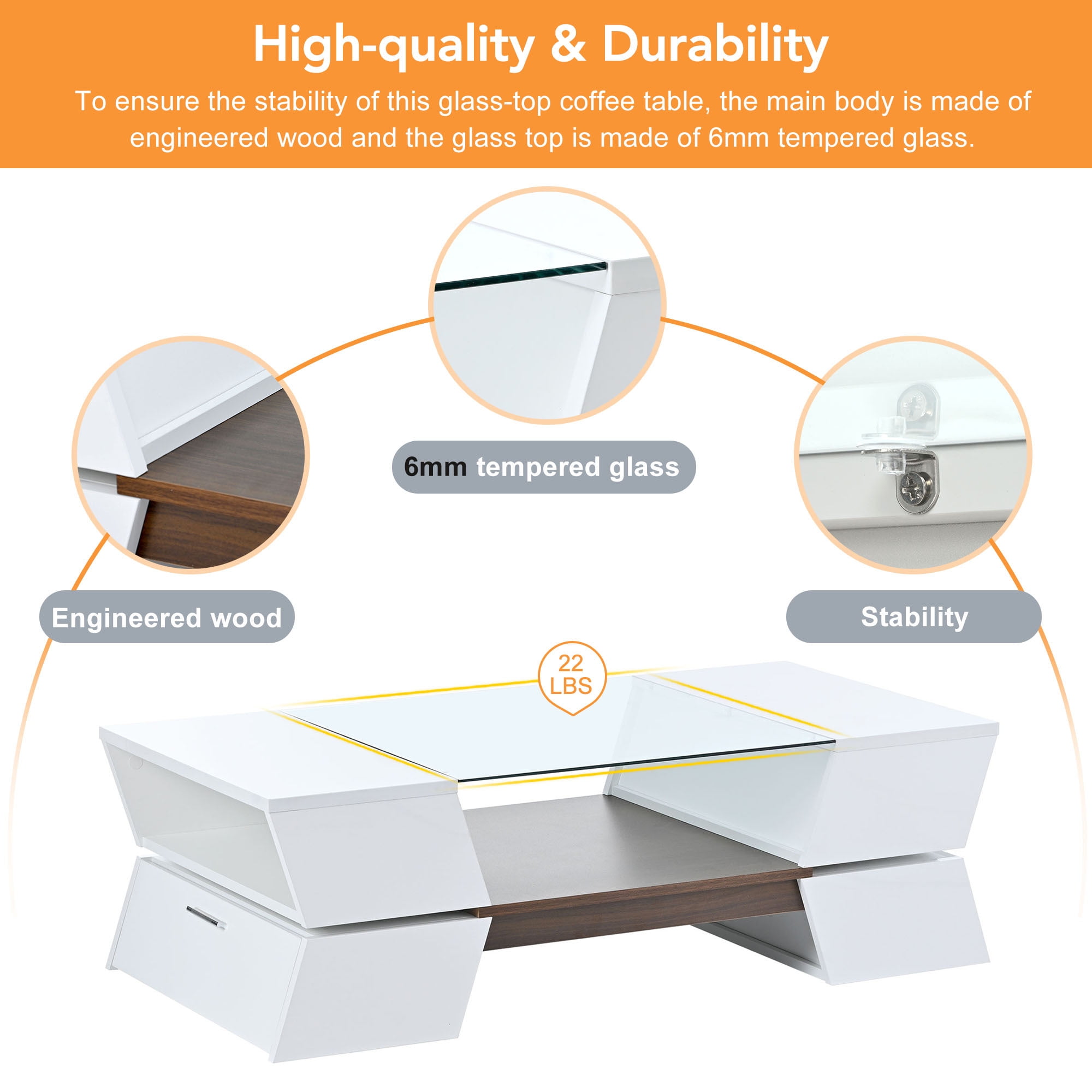 EUROCO Glass-Top Coffee Table with Open Shelves and Cabinets, Geometric Style Cocktail Table with Great Storage Capacity, Modernist 2-Tier Center Table for Living Room, White - Image 2
