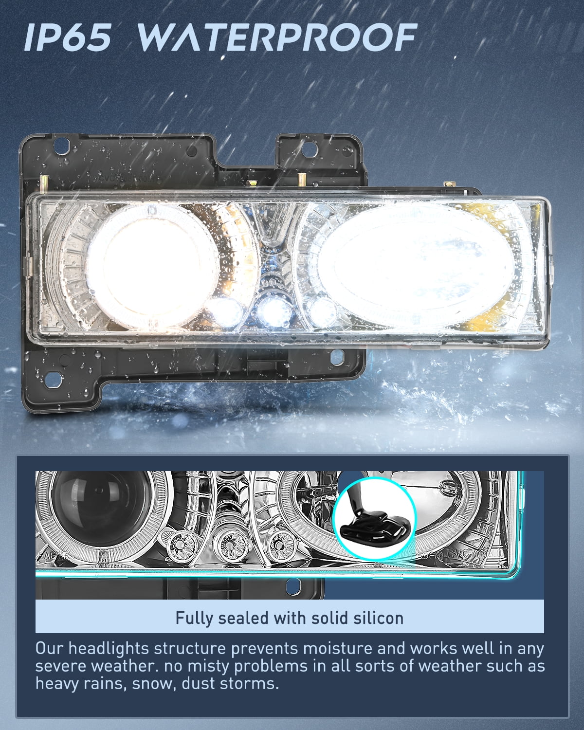 Nilight Headlight Assembly Compatible with 1988-1998 Chevy/GMC C10 C/K 1994-1999 Tahoe 1992-1994 Blazer 1992-1999 Yukon Suburban Chrome Housing Clear Lens Projector Halo Headlights - Image 3