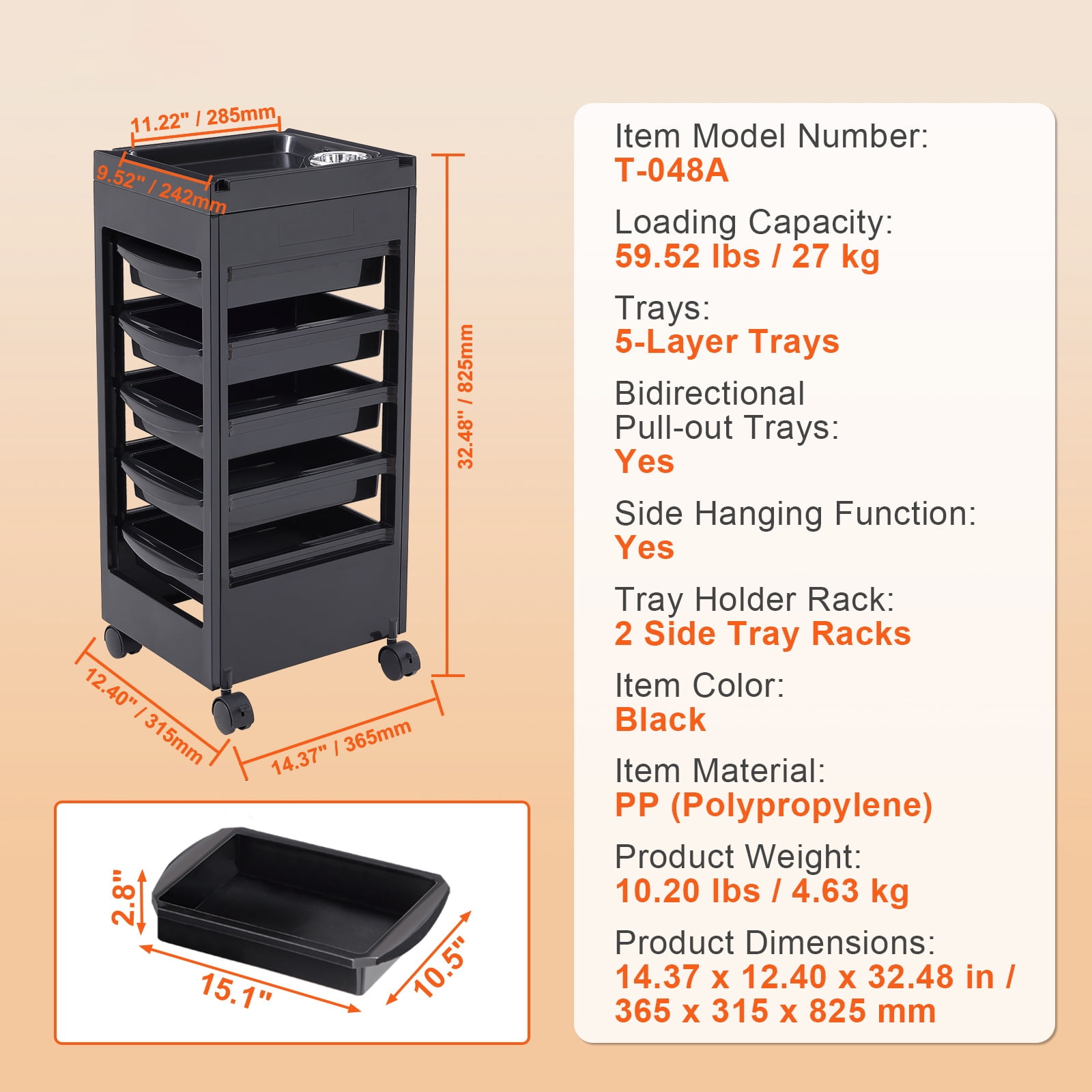 KFFKFF Salon Utility Cart, Stylist Station on Wheels with 5 Detachable Trays & Appliance Holder, Mobile Hairdresser Organizer with Locking Casters for SPA & Salon Use - Image 6