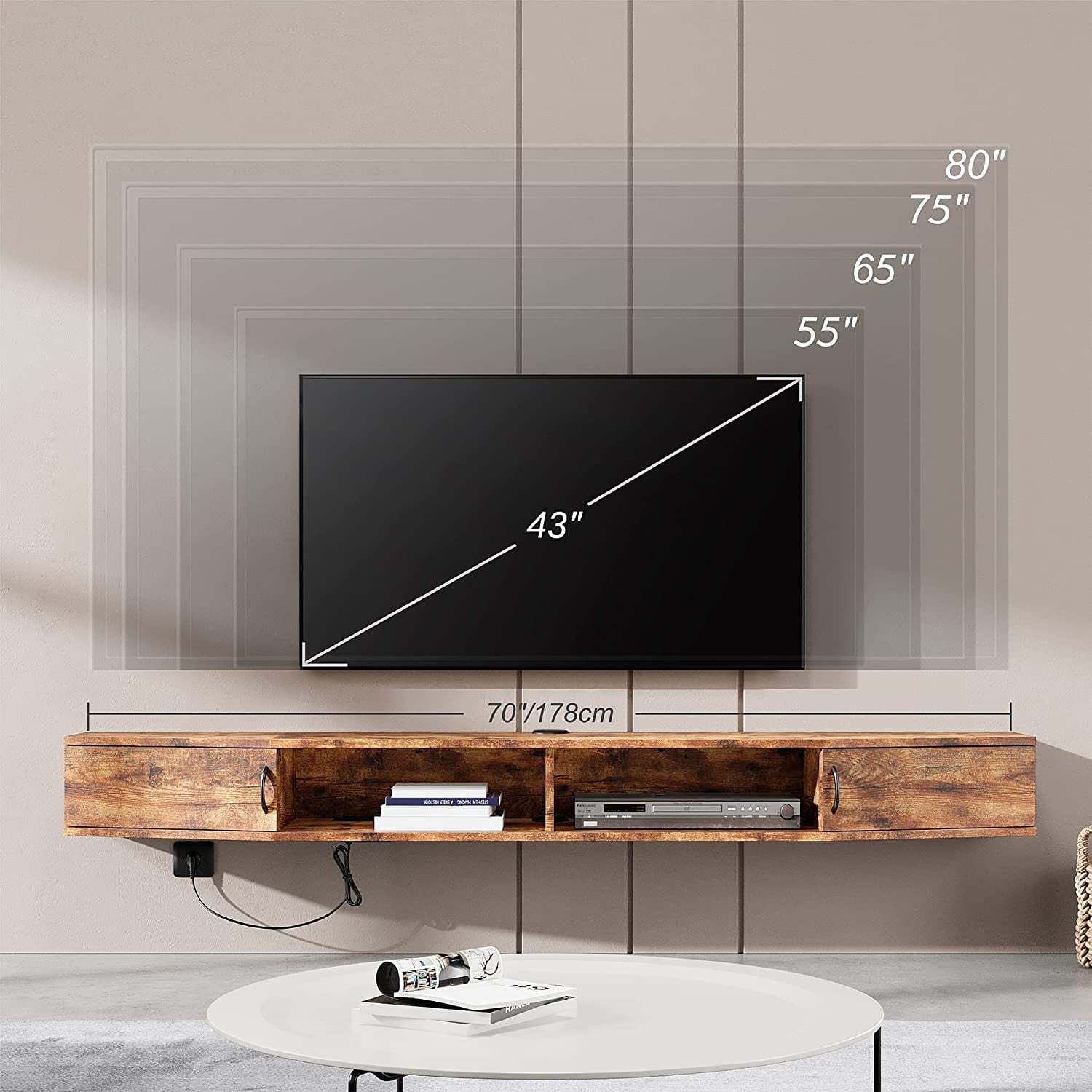 Floating TV Stand Wall Mounted Shelf with Blue LED Lights, Wood Media Console Entertainment Center Under TV, Cabinet Hutch Desk Storage for Living Room,Rustic Brown - Image 7