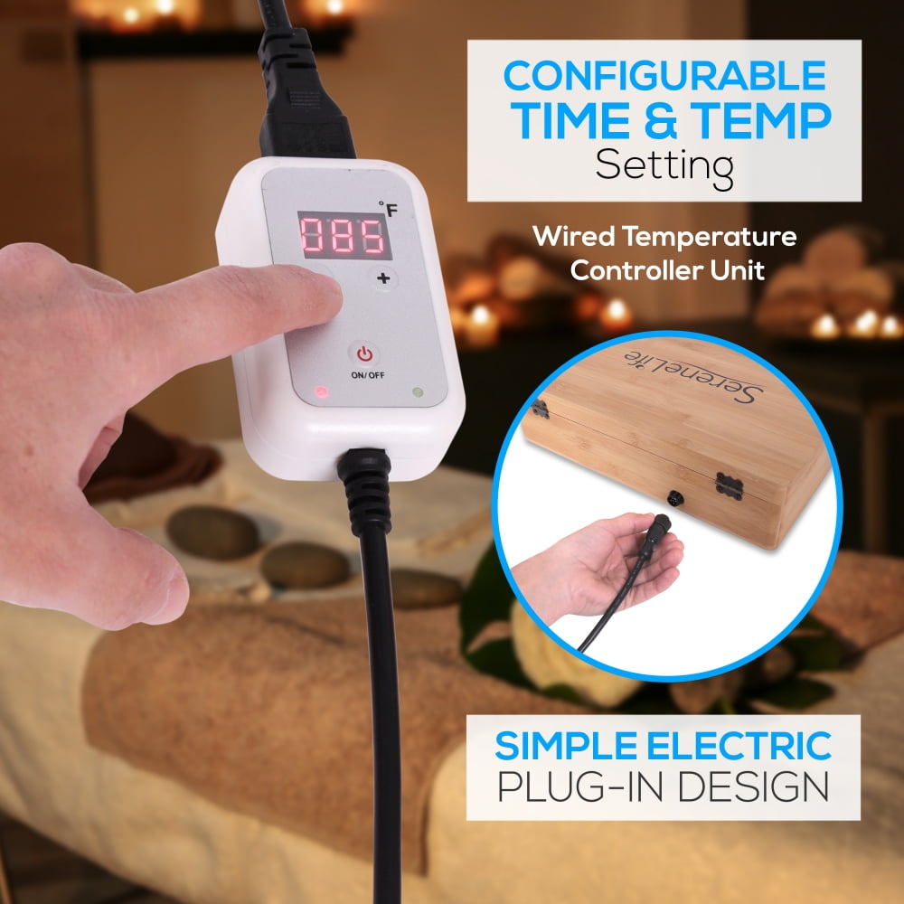 Massage Stone Heater Box Set-Electric Spa Portable Heated Rocks Massage Stones and Warmer Set - Heat Rock Massaging Kit 12 Large/Small Black Stone Set w/Bamboo Heating Case-SereneLife PSLMSGST65.5 - Image 3