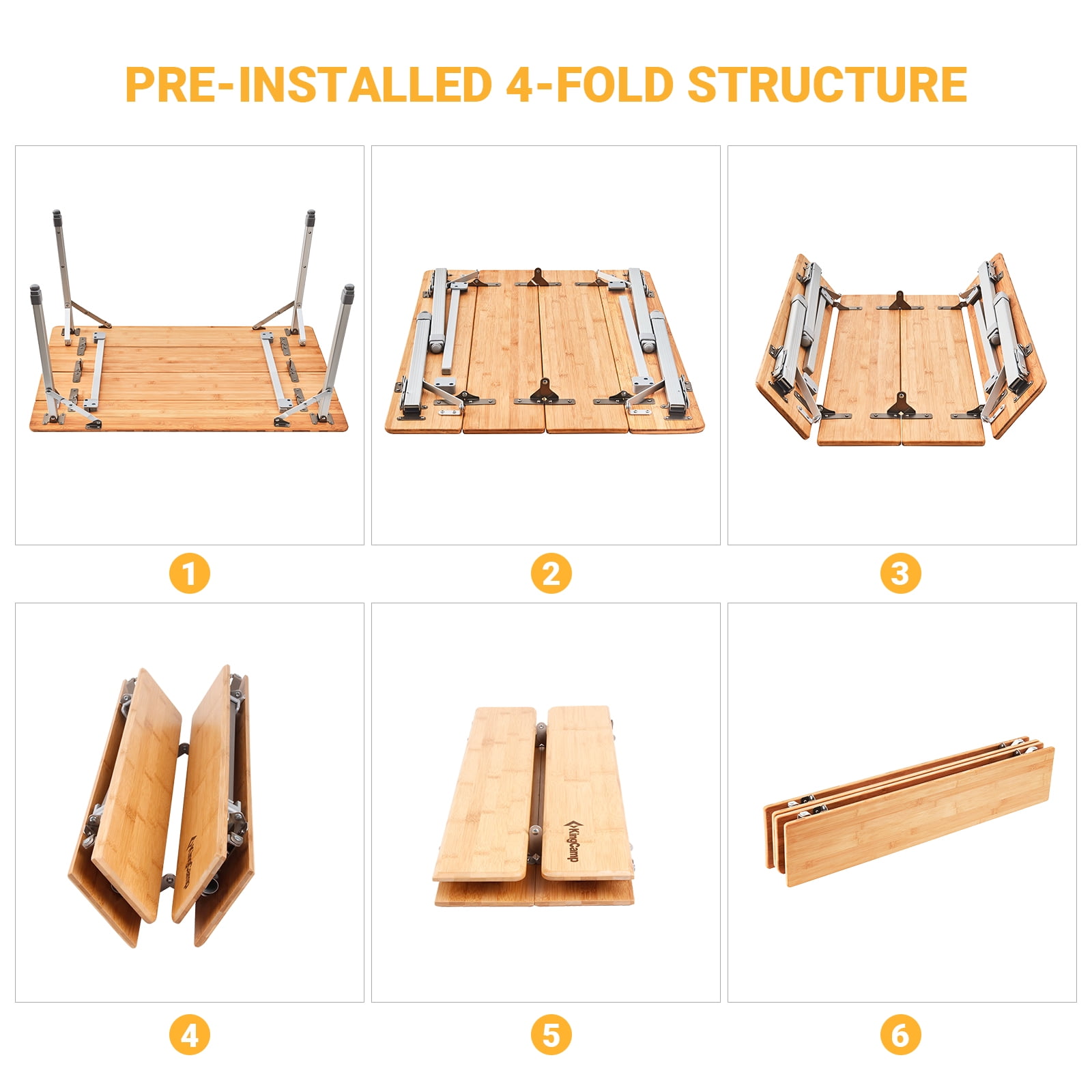 KingCamp Bamboo Camping Table Clearance Adjustable Height Folding Table for 1-2 People Outdoor and Indoor Support 176LBS Yellow - Image 3