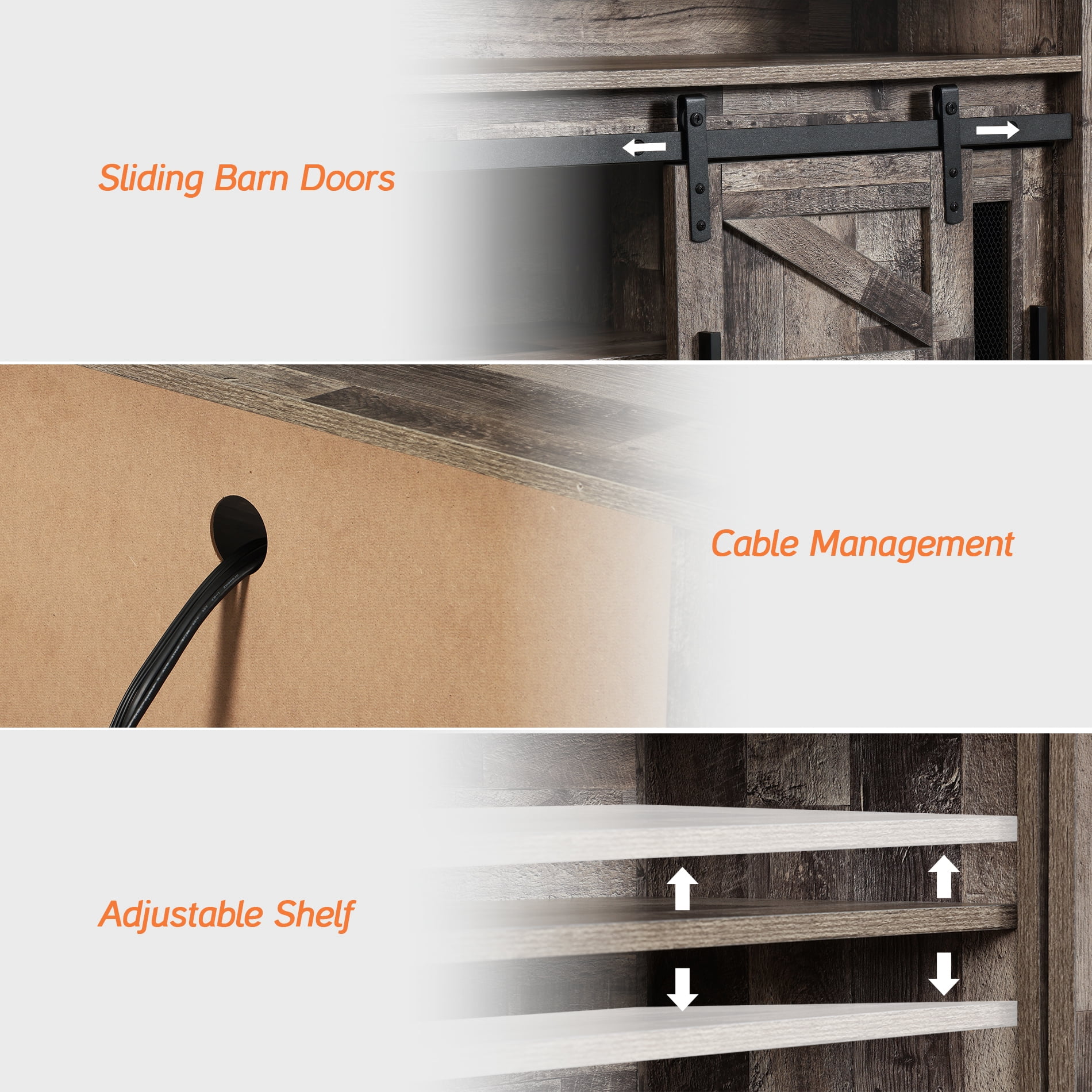 Tall TV Stand with Blue LED Lights Strips for 65 inch TVs, Farmhouse Media Console Table with Mesh and Barn Doors for Bedroom, Living Room, Dark Rustic Oak, 59x15.4x31 - Image 8