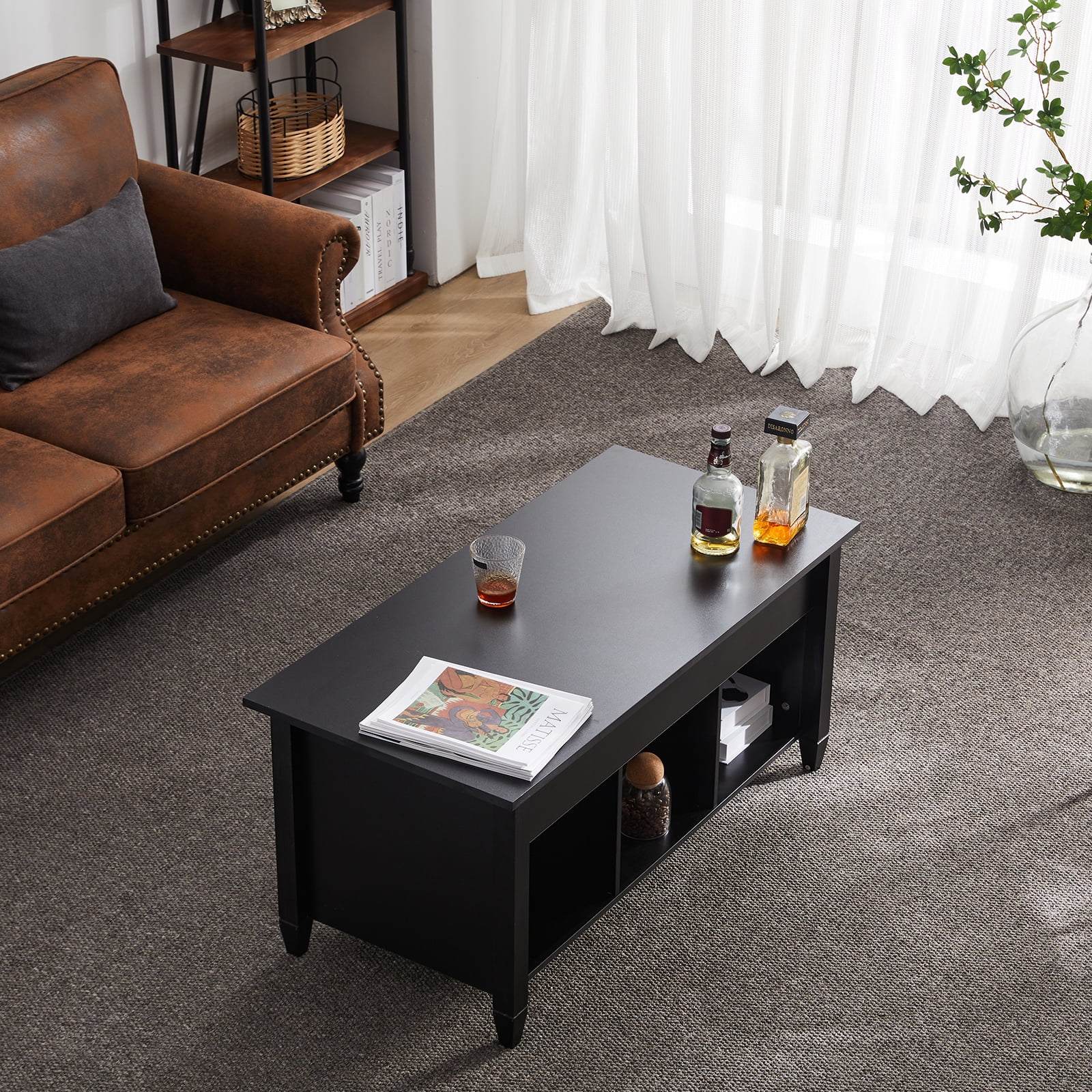 Ktaxon Premium Lift Coffee Table, Center Table with Storage & Cube Open Shelves, Large Space Lift Top Coffee Table for Living Room/Reception Room/Office, Black - Image 4