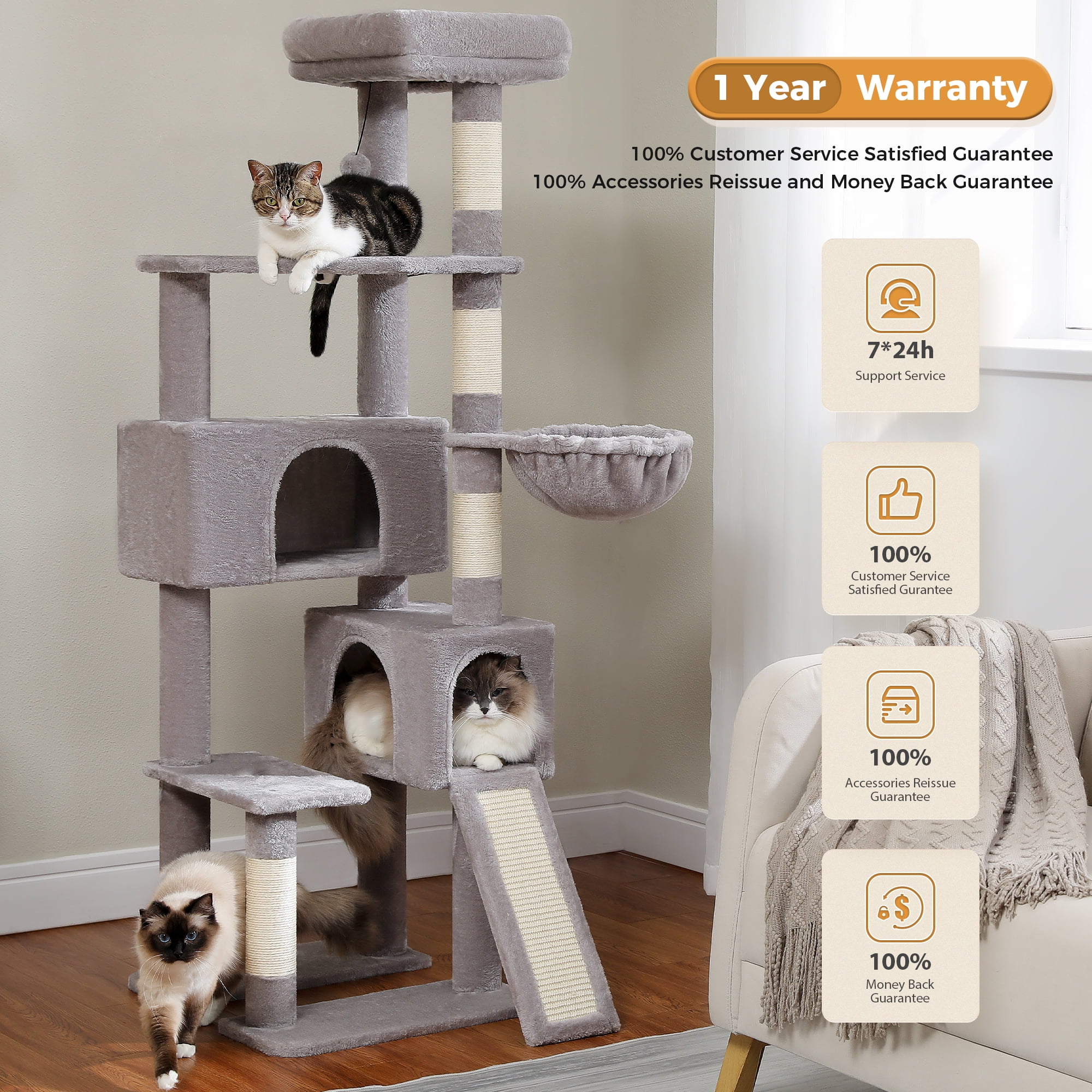 PEQULTI 61" Modern Cat Tree Large Cat Tower with Ladder and Dual Condos Indoor Light Gray - Image 3