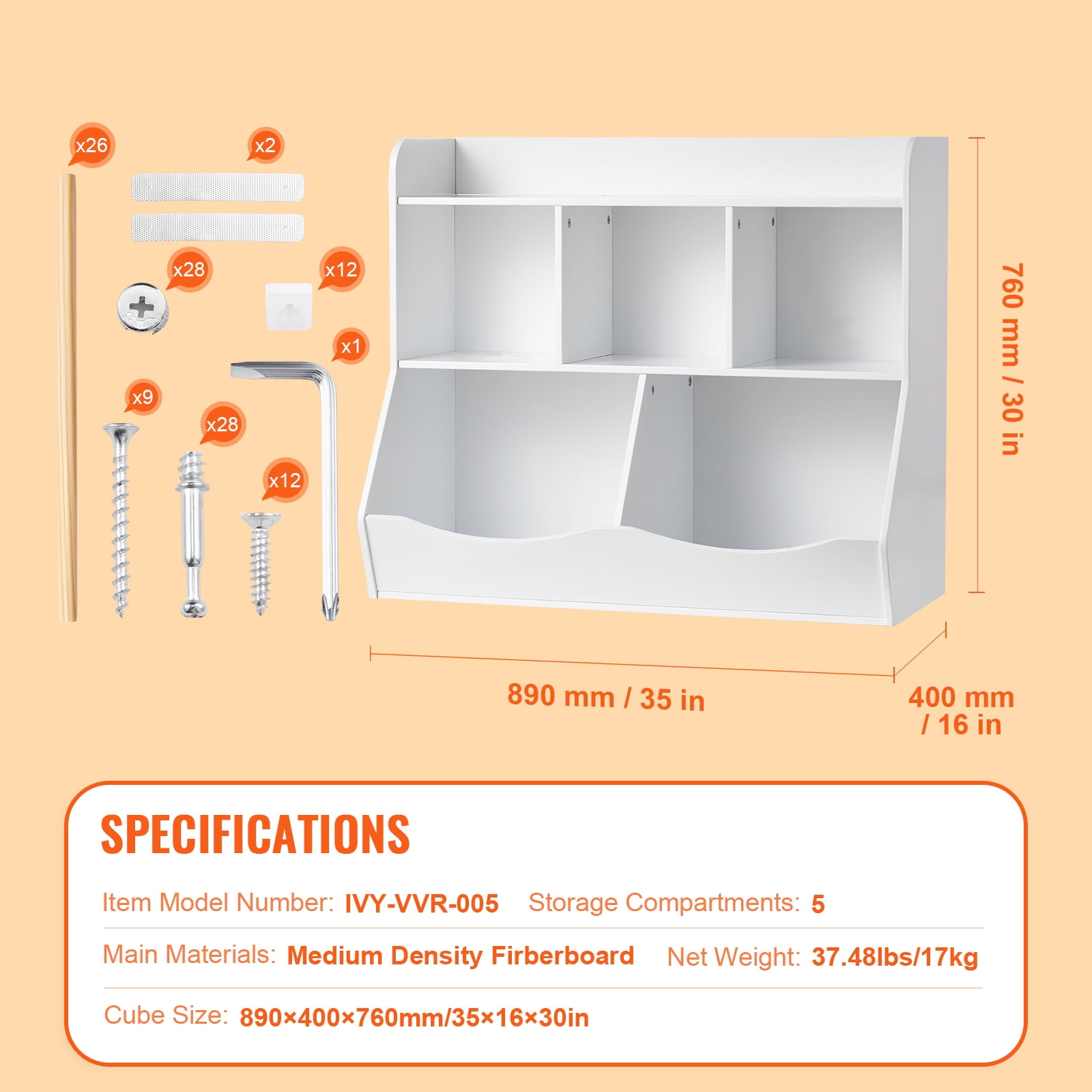 KFFKFF Children's Wooden Storage Unit, Includes Bookshelf and 5 Compartments, Ideal for Organizing Toys and Books in Kid's Rooms, Play Areas, or Classrooms, Nursery-Friendly Design, White - Image 5