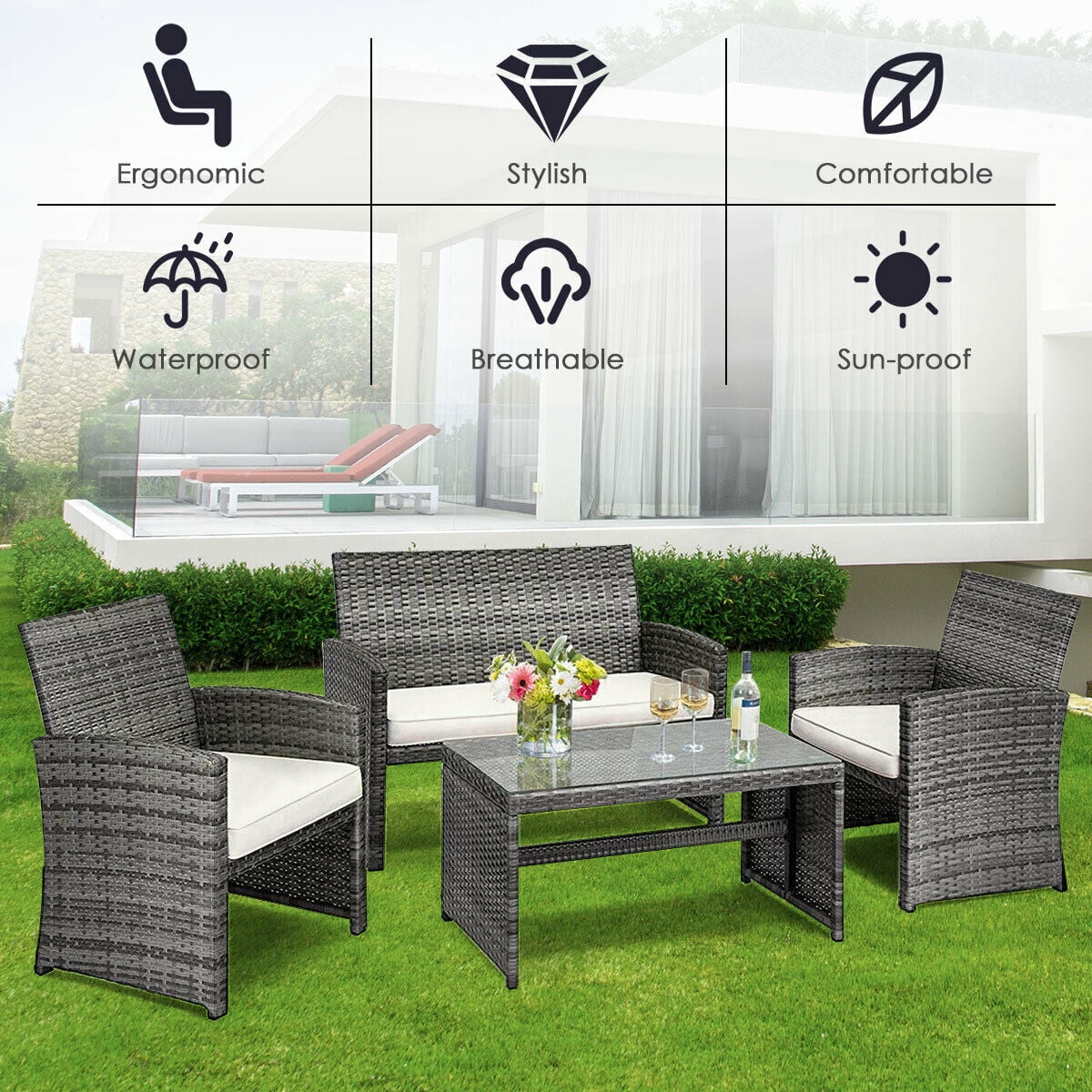 Costway 4PCS Rattan Patio Furniture Set Garden Sofa Cushioned Seat Mix Gray Wicker - Image 6