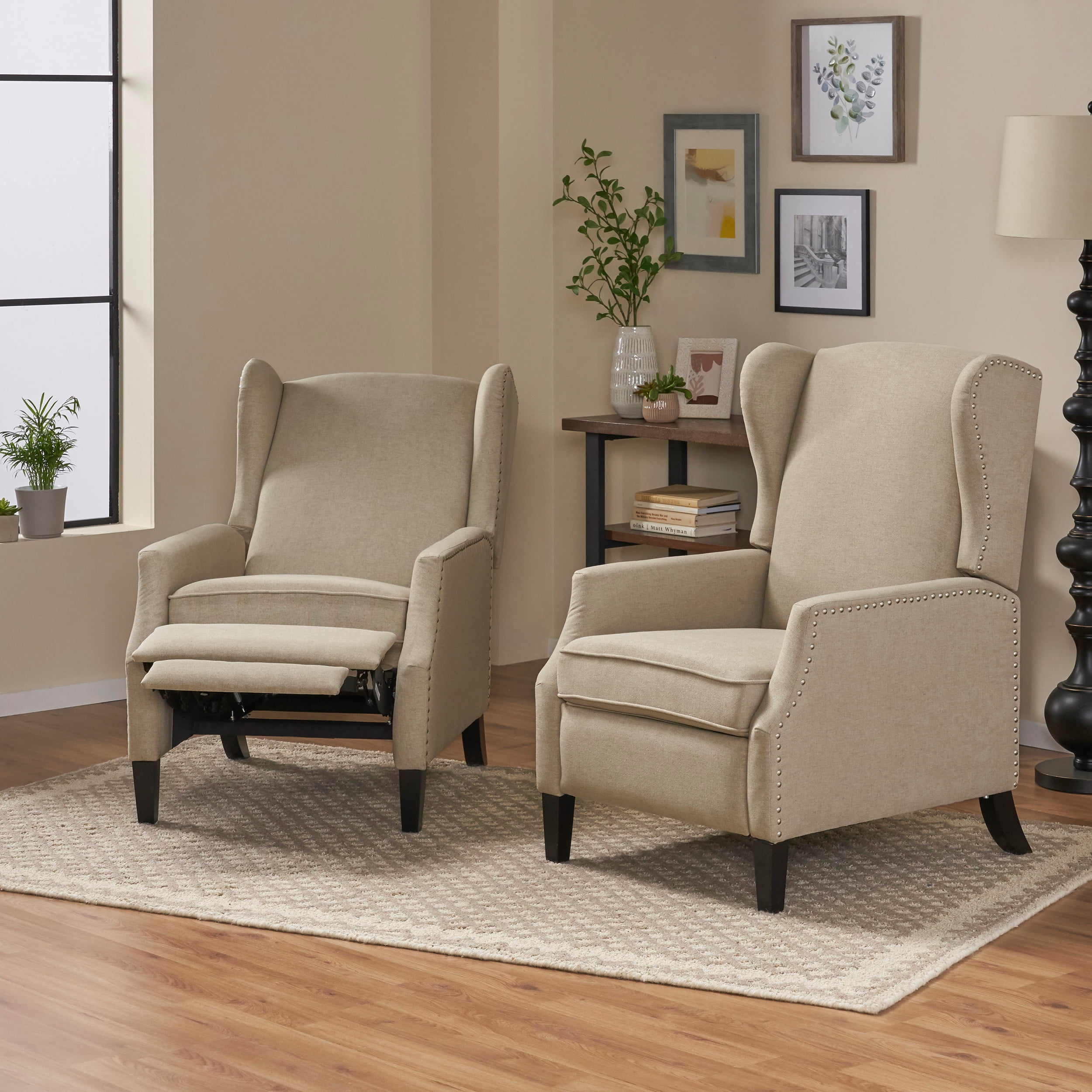 Noble House Wescott Fabric Wing Back Recliner, Set of 2, Beige - Image 4