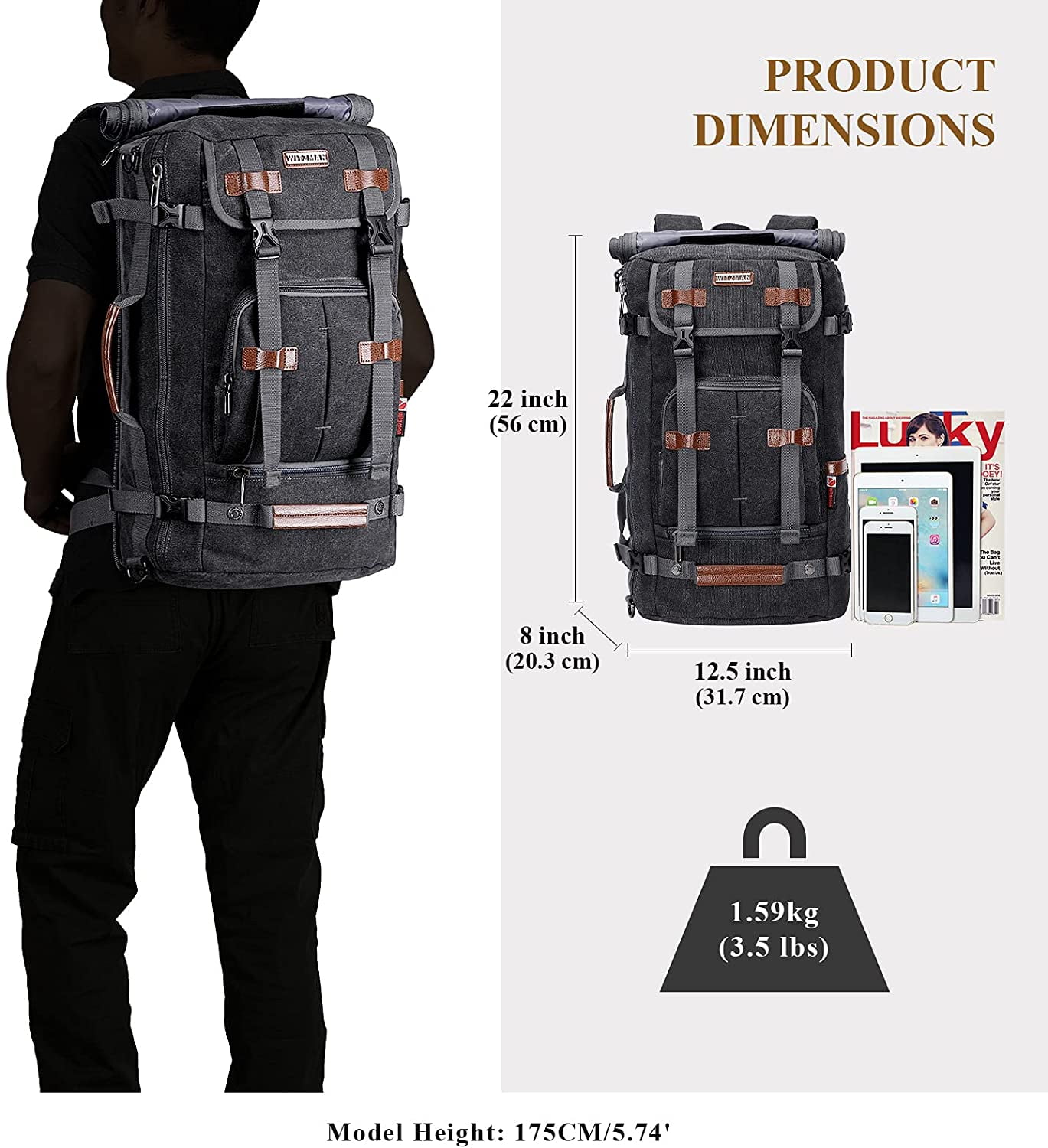 WITZMAN Travel Backpack for Men Large Canvas Backpack Luggage Carry on Duffel Bag A519-1 Black - Image 7