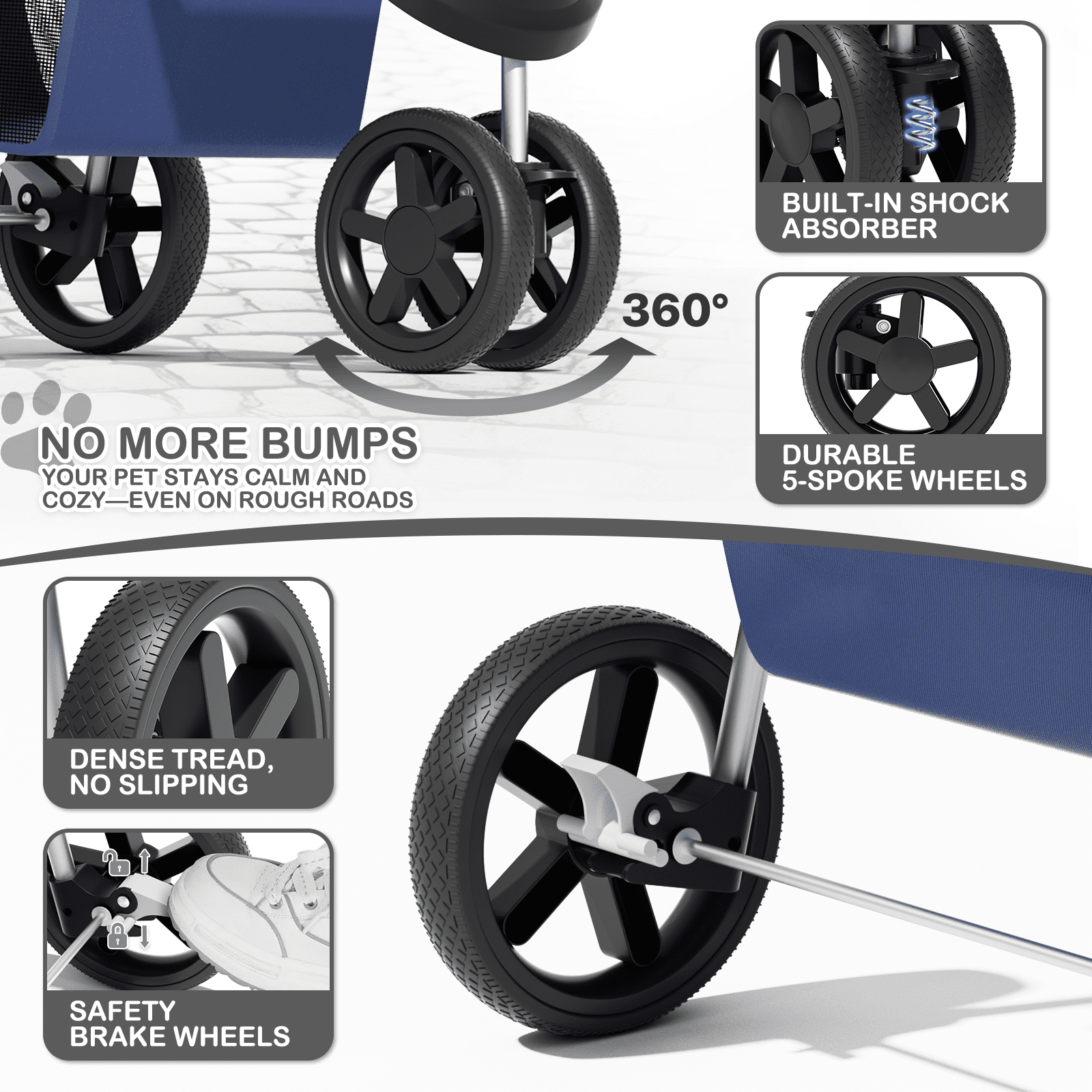 MoNiBloom 3 Wheel Folding Pet Dog Stroller, Foldable Lightweight Trolley with Storage Basket, Cup Holder and 360° Rotating Front Wheel for Small Medium Dogs, Navy Blue - Image 13