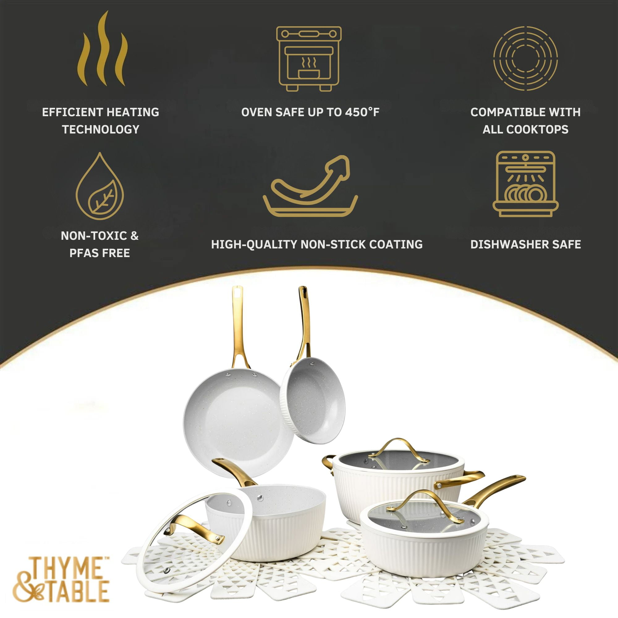 Thyme & Table 12-Piece Non-Stick Signature Cookware Set, Pots and Pans Set- White & Gold - Image 6
