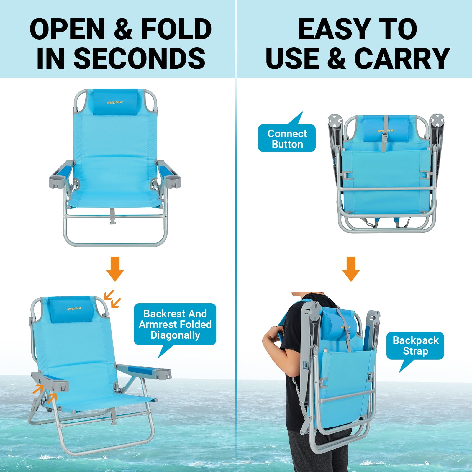 #WEJOY Folding Low Beach Chair, 5-Position Reclining Camping Chair, Portable Backpack Chairs, Backpack Beach Chairs for Adults with Cup Holder and Head Pillow, Supports up to 300 lbs - Image 8
