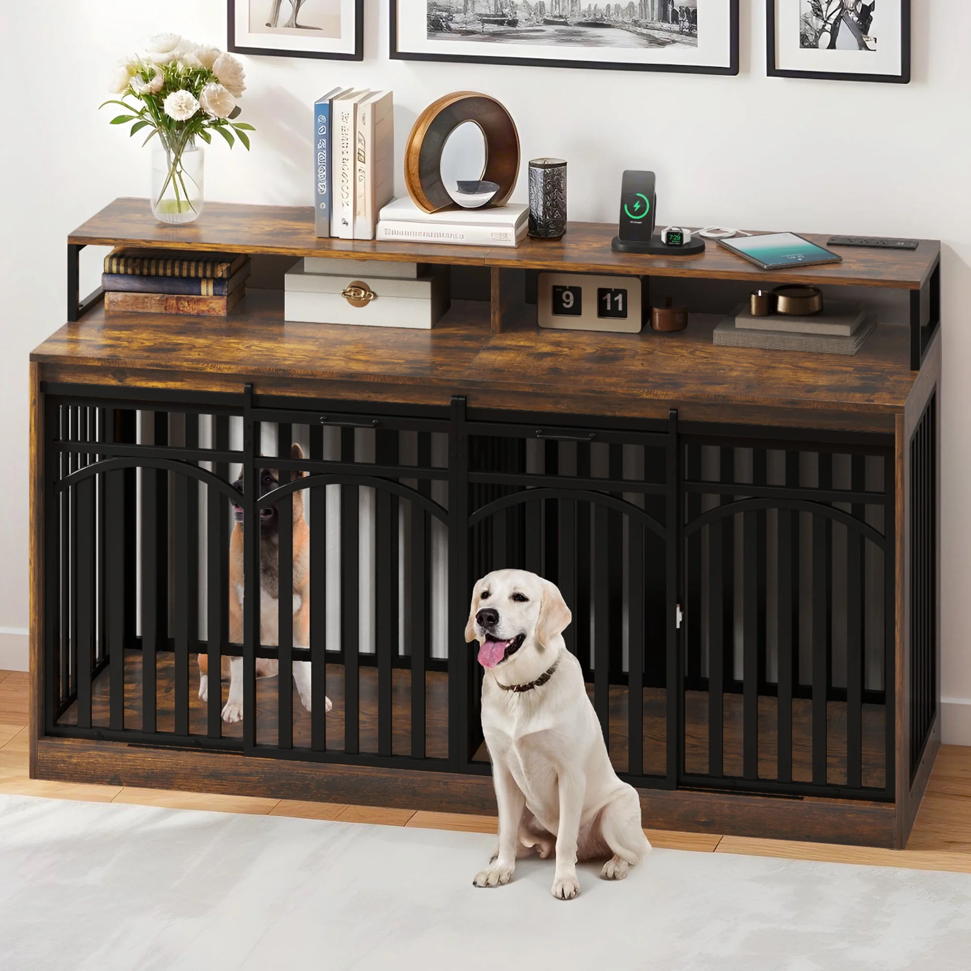 Uforic 71-Inch Heavy Duty Dog Crate TV Stand with LED Light, Power Outlets, and Storage Shelves for Medium to Large Dogs - Image 2