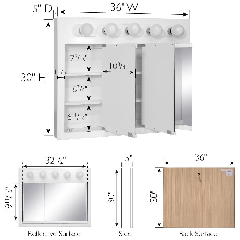 Design House Concord 36" Wall Mounted 5-Light Tri-View Bathroom Medicine Cabinet, White - Image 6