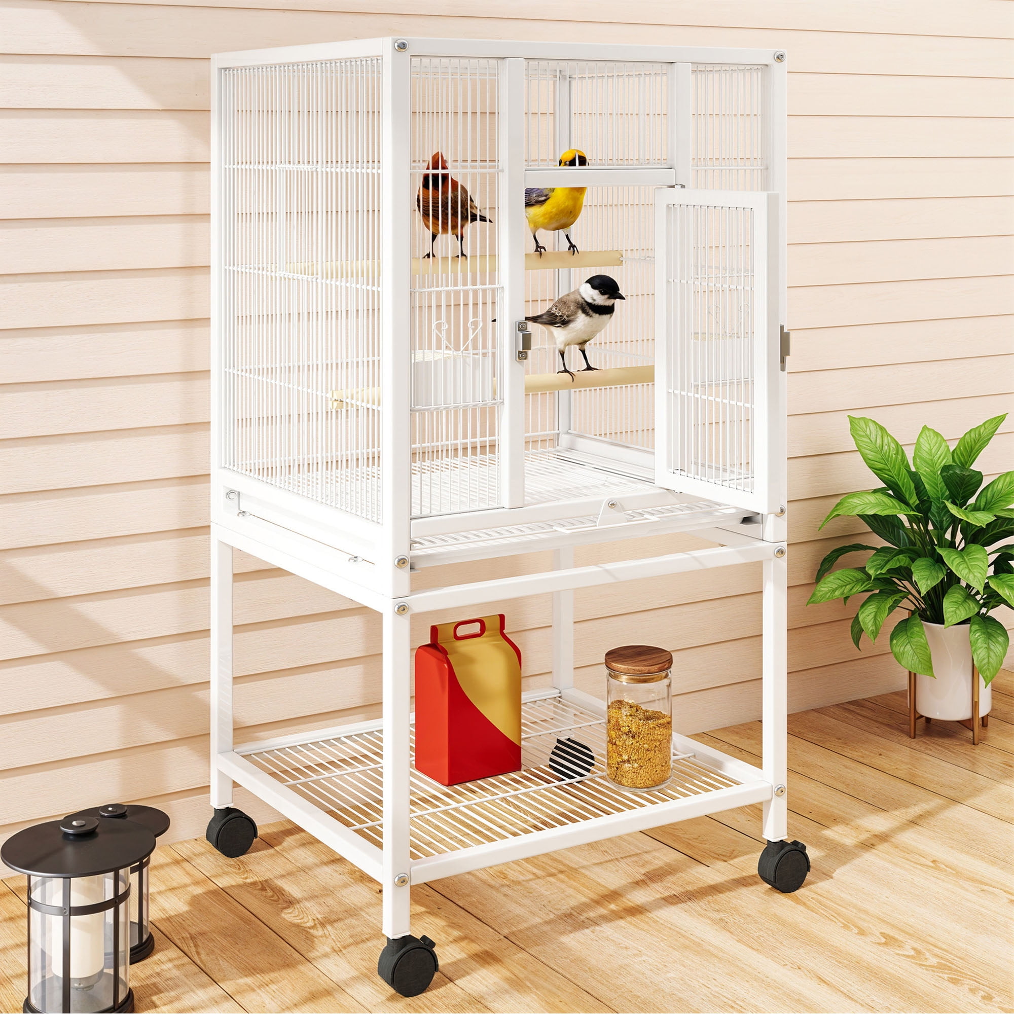 Uforic 41" Metal Birdcage with Rolling Stand and Castor Wheels, Large Parrot Cage with 2 Perches and 2 Feeders, Spacious Storage Tray, White - Image 9
