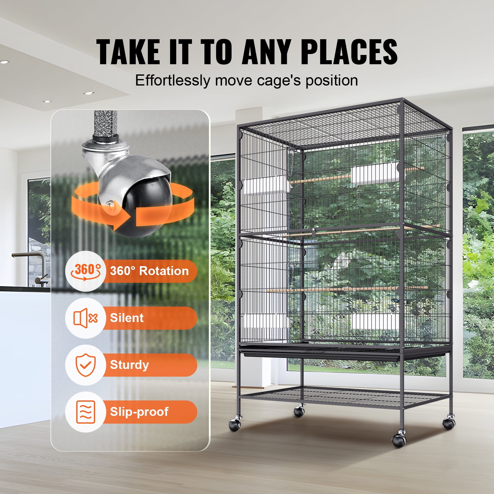 VEVOR 52'' Standing Large Bird Cage with Rolling Stand and Castor Wheels, Rolling Metal Birdcage with 3 Perches and 4 Feeders, Large Wrought Carbon Steel Birdcage for Parakeets, Pigeons, Finches - Image 4