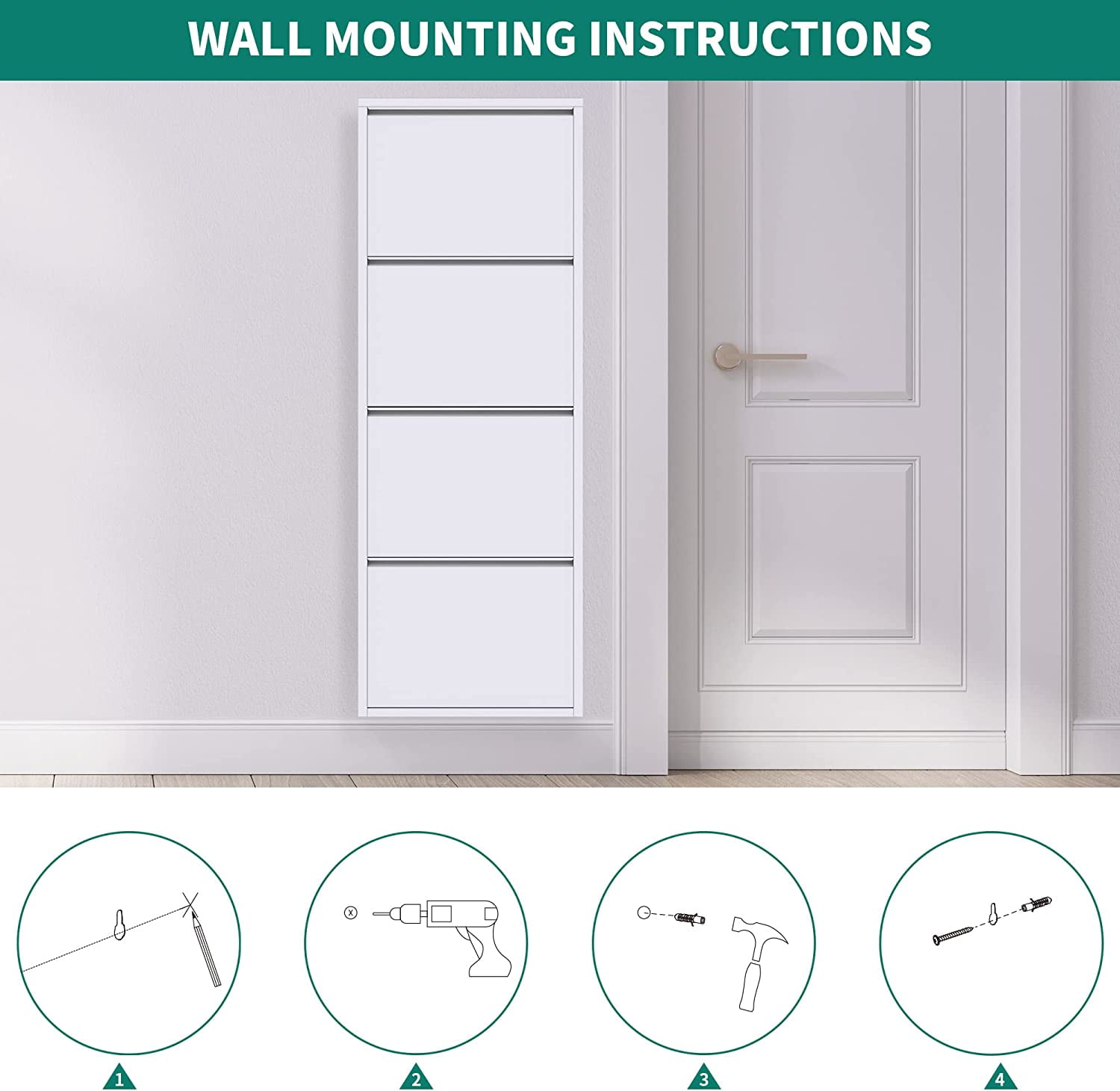 YITAHOME Metal Shoe Cabinet with 4 Flip Drawers, Wall Mounted & No-Assembly Steel Shoe Storage Cabinet, Steel Cabinet with Magnetic Gooseneck Drawer for Entryway, Hallway, and Corridor - Image 5