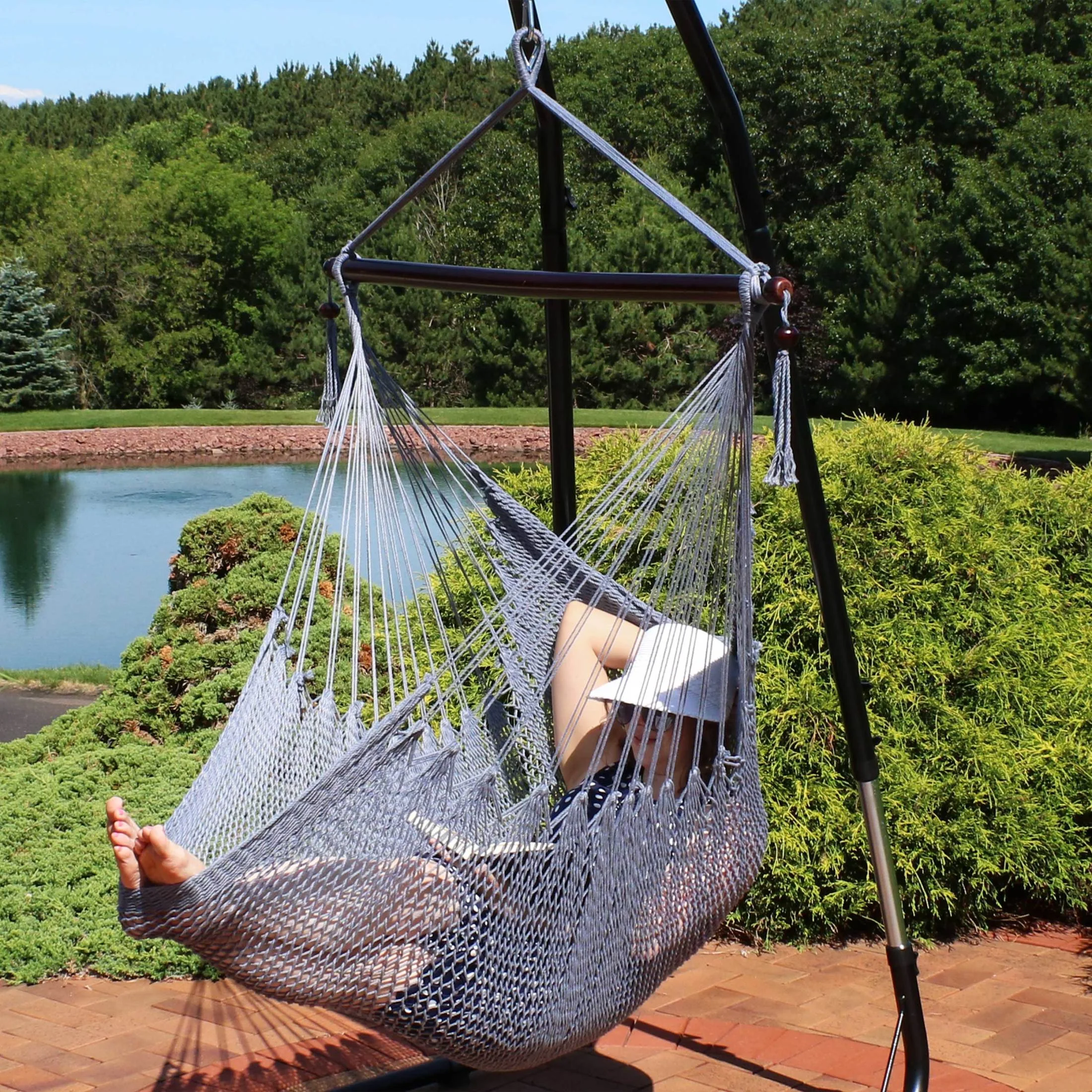 Sunnydaze Polyester Rope Indoor and Outdoor Hammock Hanging Chair with Spreader Bar - Gray - Image 8