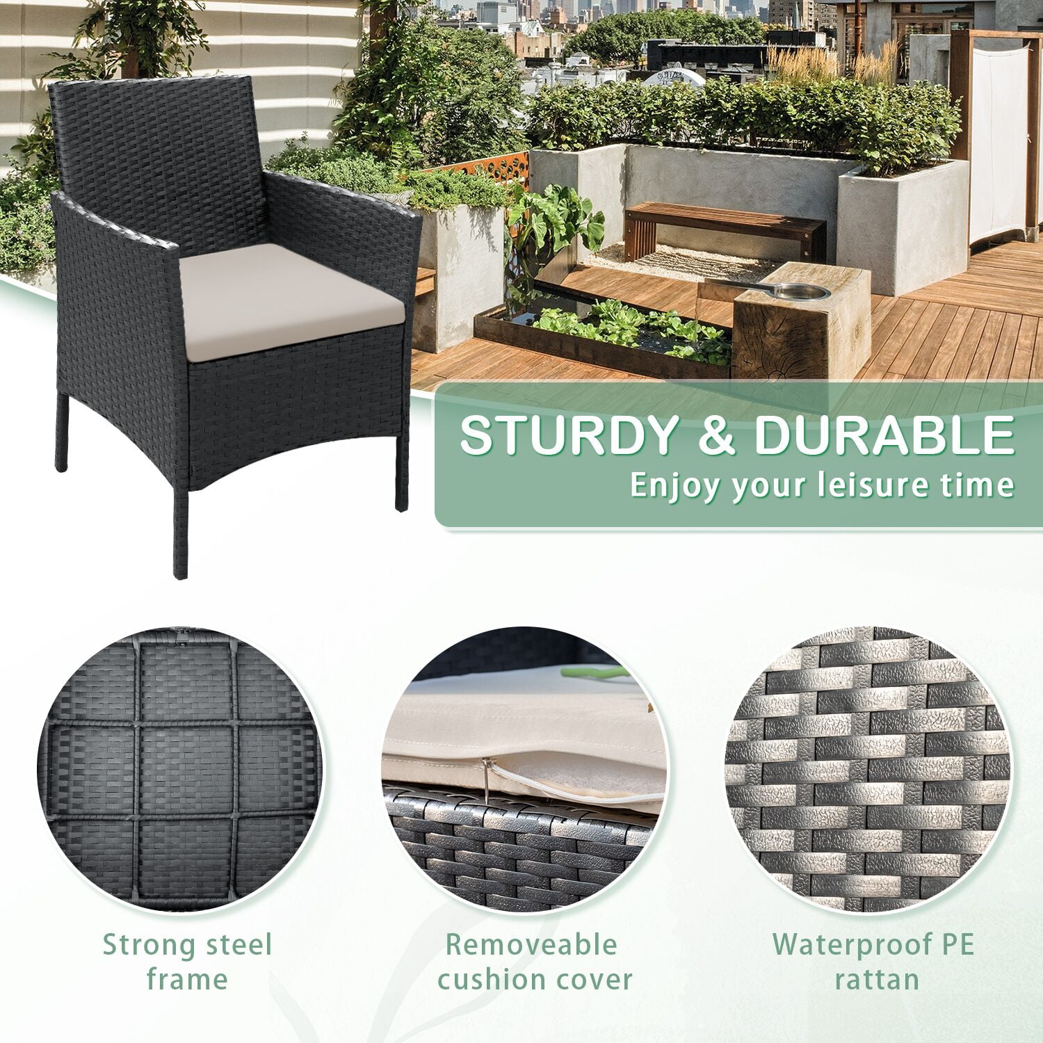 Vineego 5 Piece Patio Conversation Set Wicker Chairs Set with Tempered Glass Table, Beige - Image 7