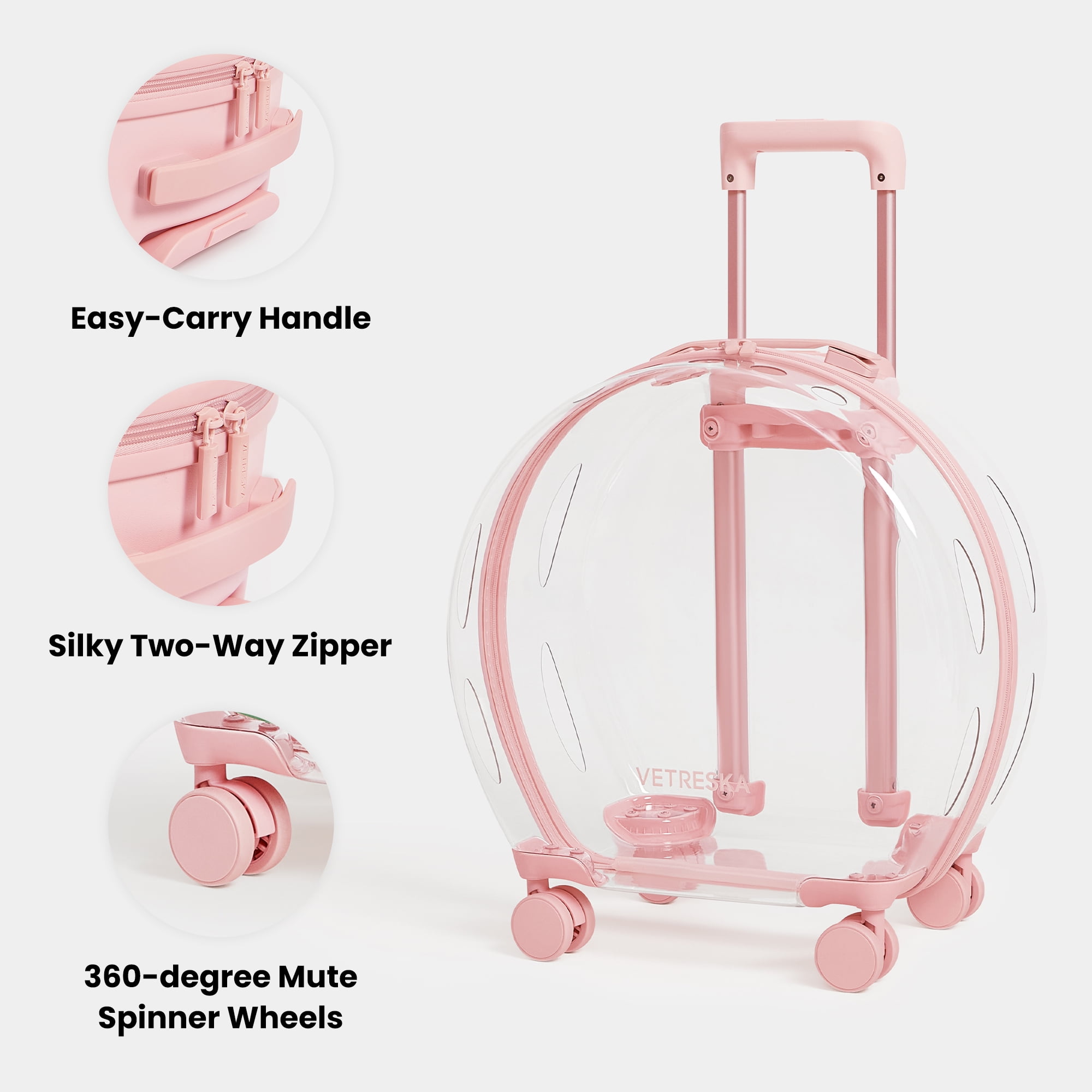 VETRESKA Pet Carrier with 2 Mats Pink Travel Pet Transport Luggage with Wheels Handle for Dogs Cats - Image 6