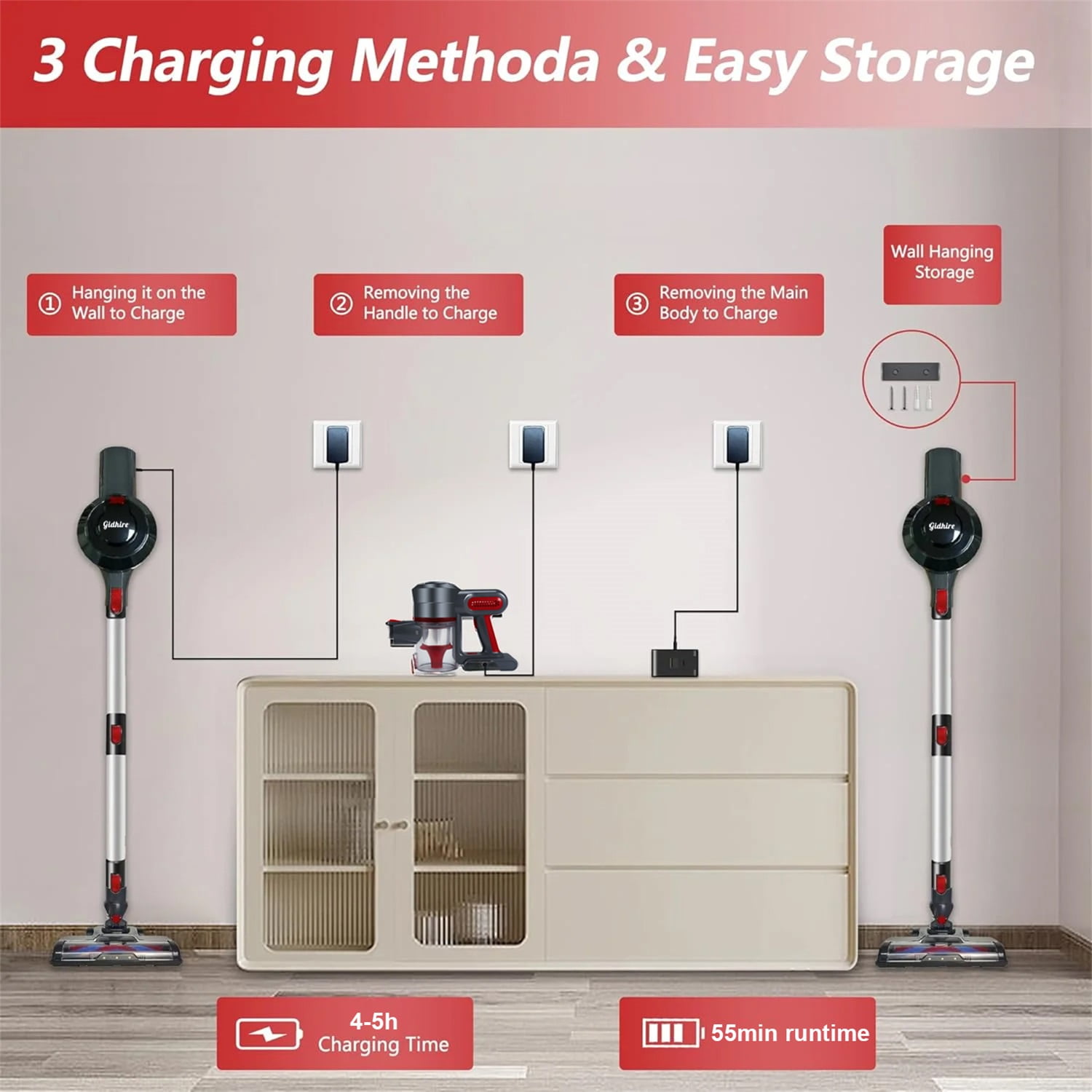 Gidhire Cordless Stick Vacuum Cleaners for Home, Lightweight 30KPA Strong Power Cordless Vacuum, 55 Mins Max Runtime Hard Floor Stick Vacuum for Carpet Pet Hair - Image 7