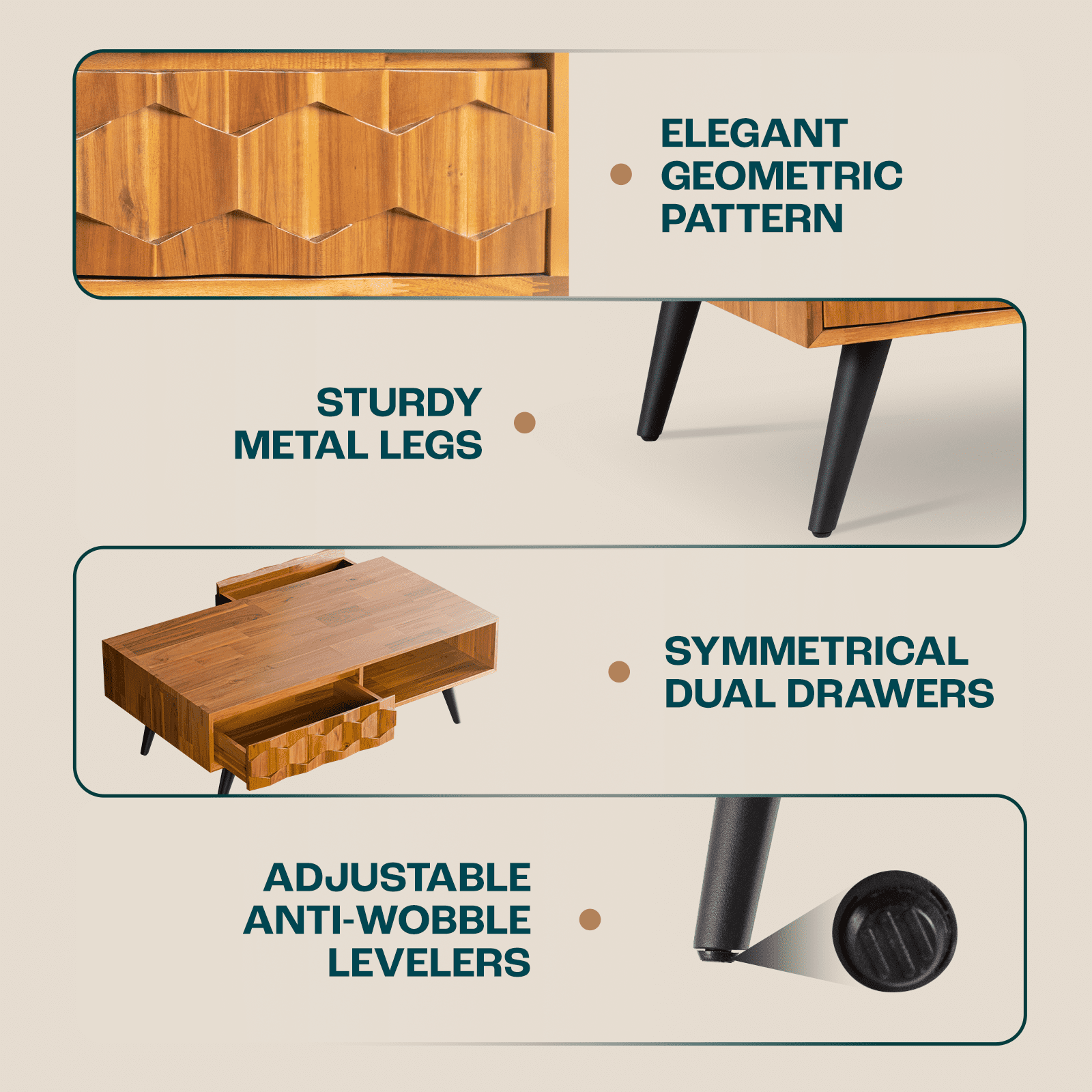 Patronza Solid Wood Coffee Table 2 Alternate Drawers, Autumn - Image 9