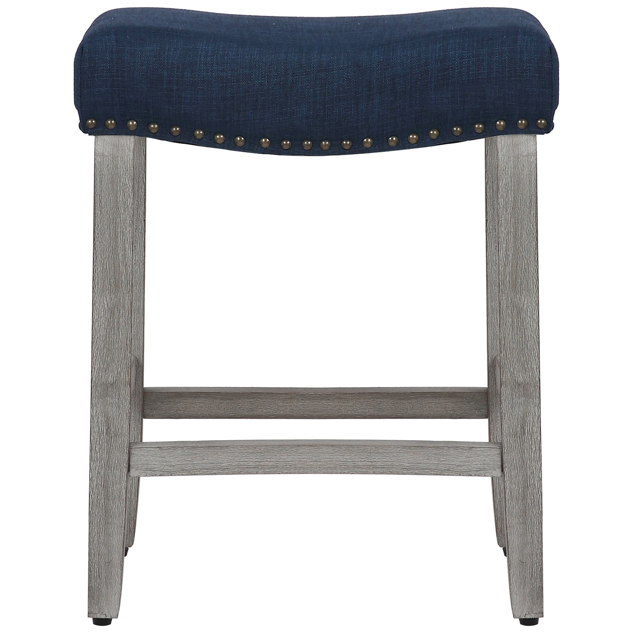 24" Inch Upholstered Saddle Seat Bar Stool, Antique Gray/Navy Blue - Image 3