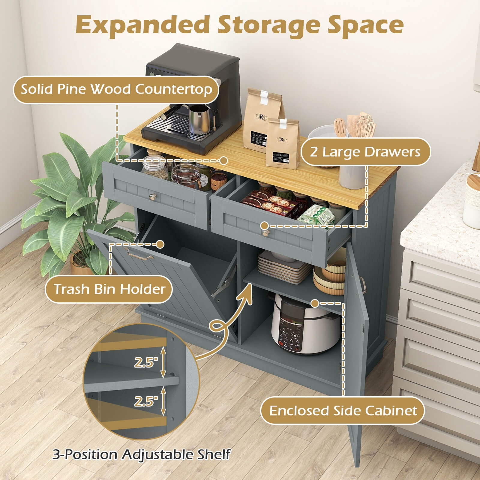 Costway 15.5 Gallon Kitchen Tilt Out Trash Cabinet Rubber Wood Tabletop 2 Drawers Shelf Gray - Image 4