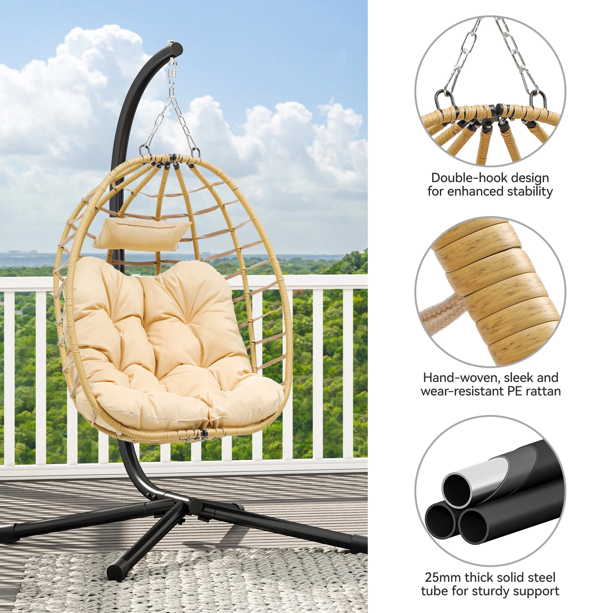 Dextrus Outdoor Wicker Egg Hammock Chairs Indoor with Steel Stand for Patio, Bedroom, Garden and Balcony, Beige - Image 4