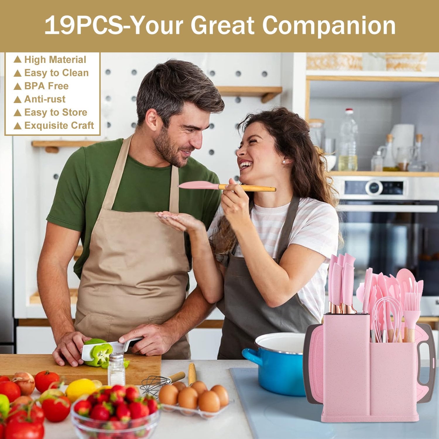 ACMETOP 19 Pieces Kitchen Utensils Set-11 Silicone Cooking Utensils Set, 6 Stainless Steel Sharp Knife set, 2 Cutting Board and Holder (Pink) - Image 3