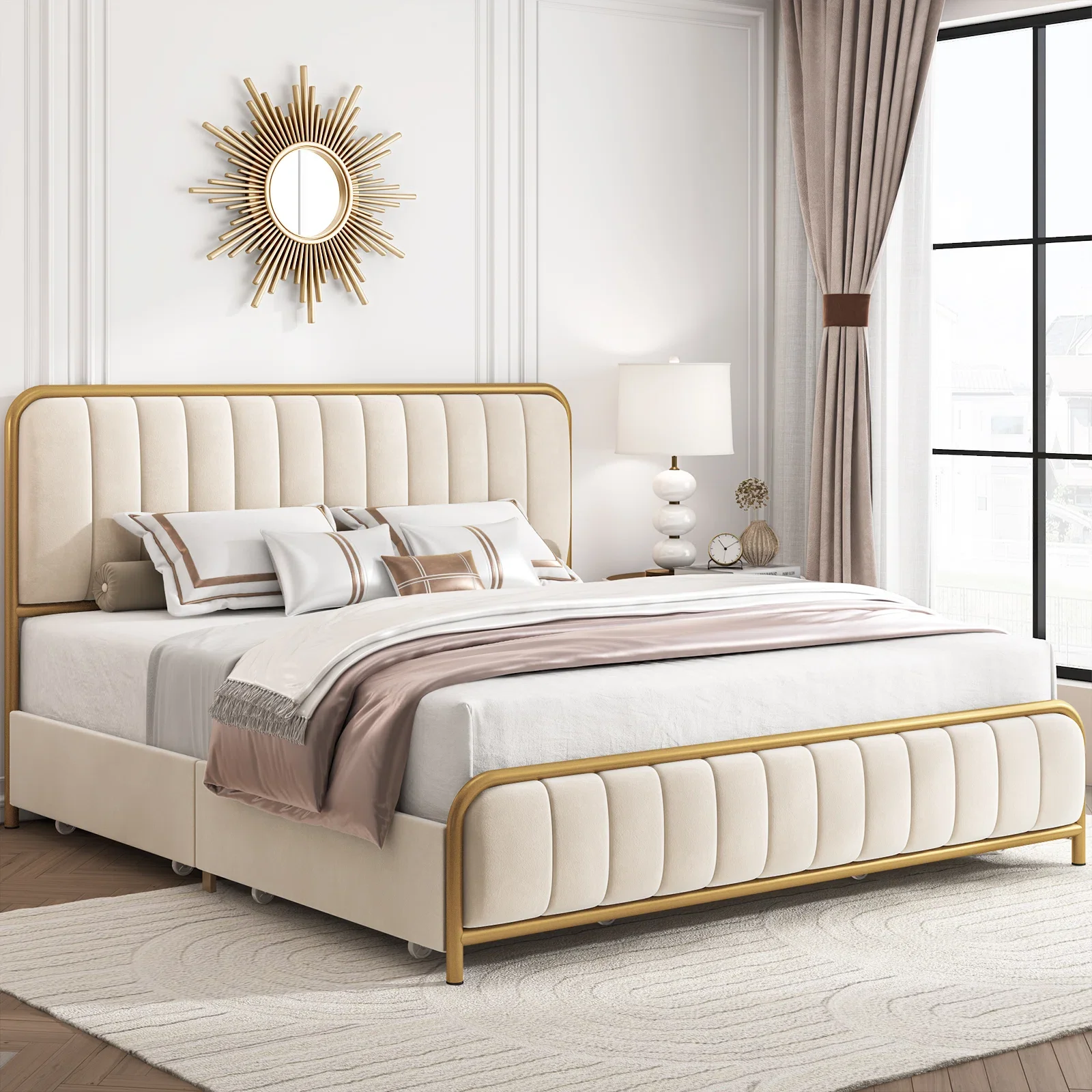 Homfa Queen Size 4 Storage Drawers Bed, Gold Platform Bed Frame with Tufted Upholstered Headboard, Gold and Beige - Image 2