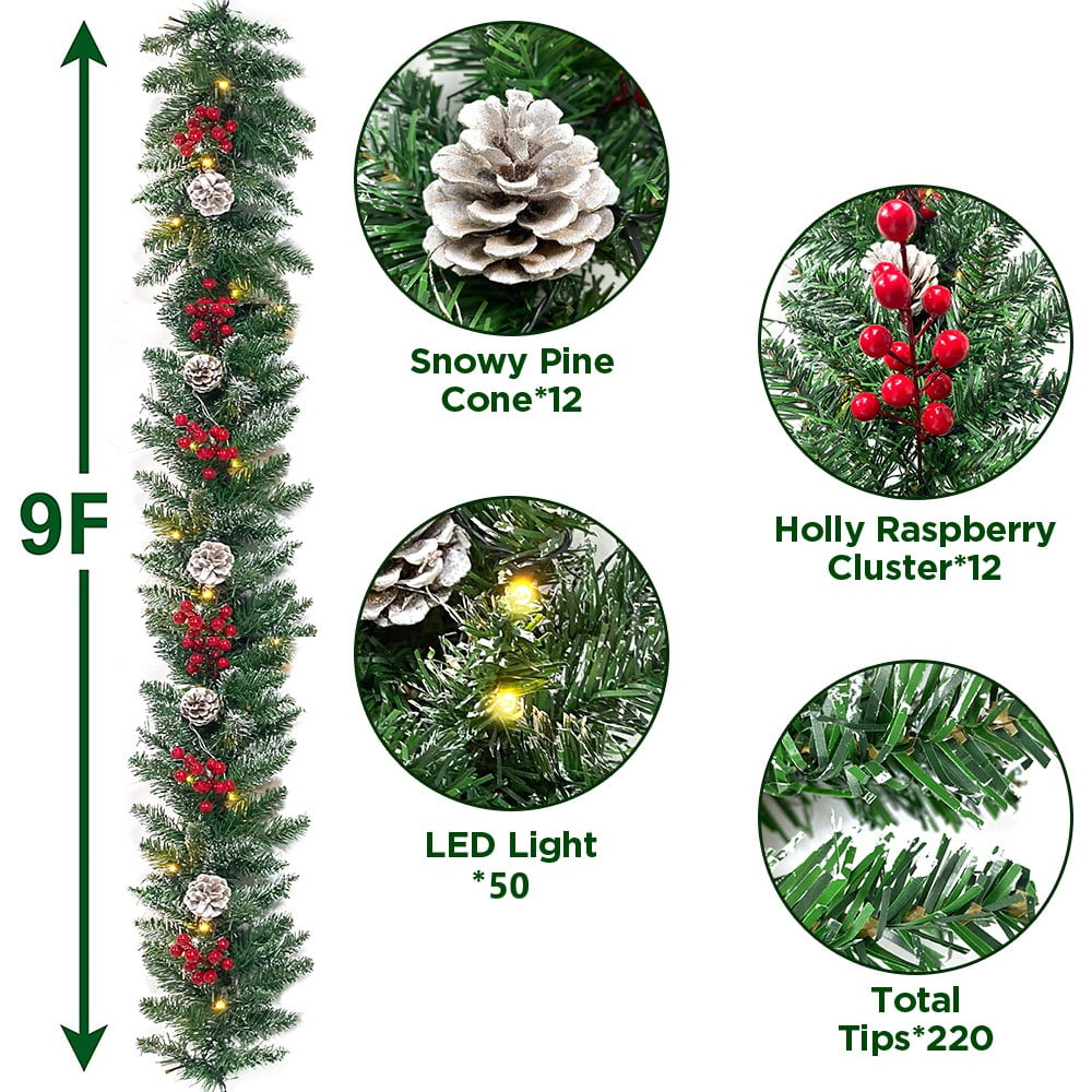 9ft Pre-Lit Christmas Garland with 50 Waterproof LED Light and Pine Cones and Berries, 220 Branches Battery Operated Christmas Garland Decoration for Xmas Holiday Party - Image 5