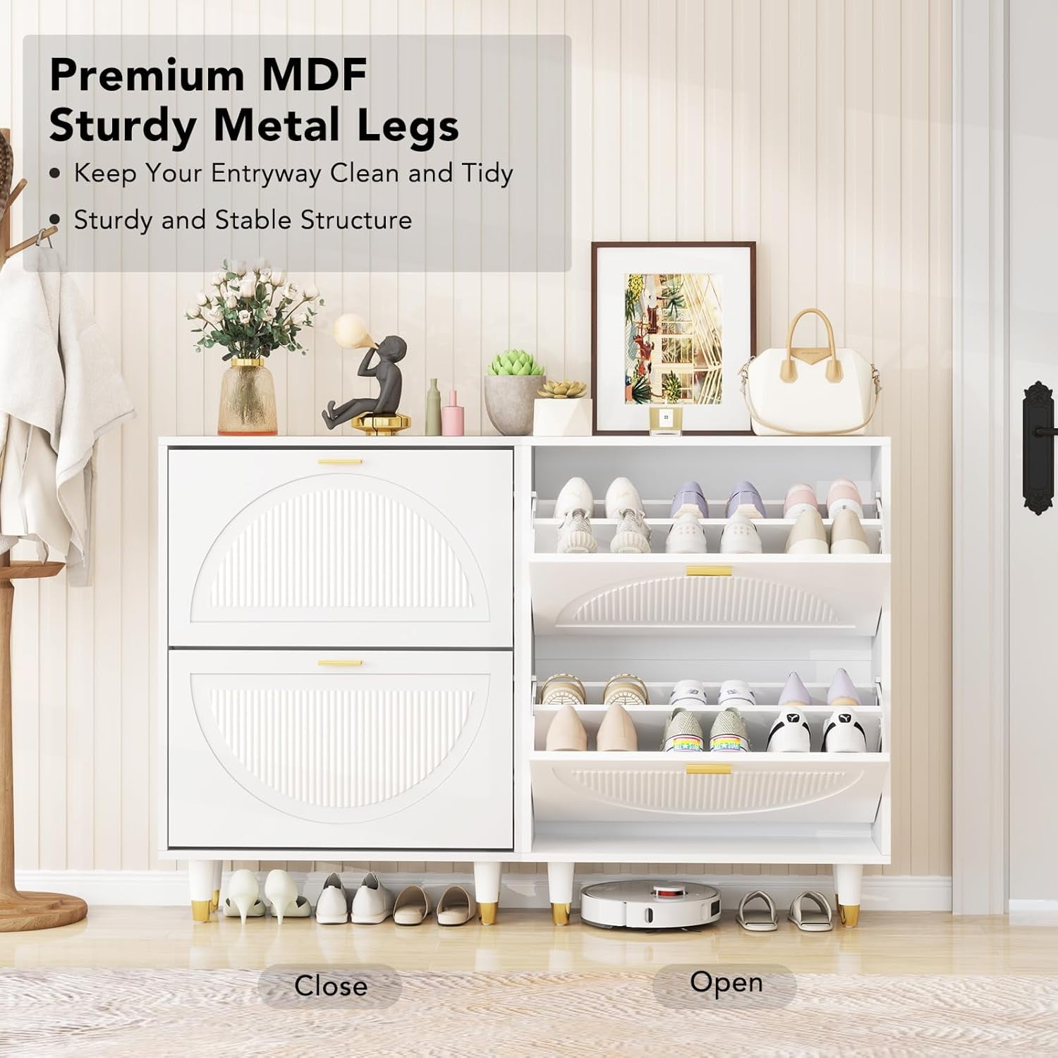 EPOWP 2-Flip Drawers Shoe Cabinet, Freestanding Shoe Rack Shoe Cupboard Organizer Wood, Entryway Shoe Storage Organizer for Home or Office, White - Image 3