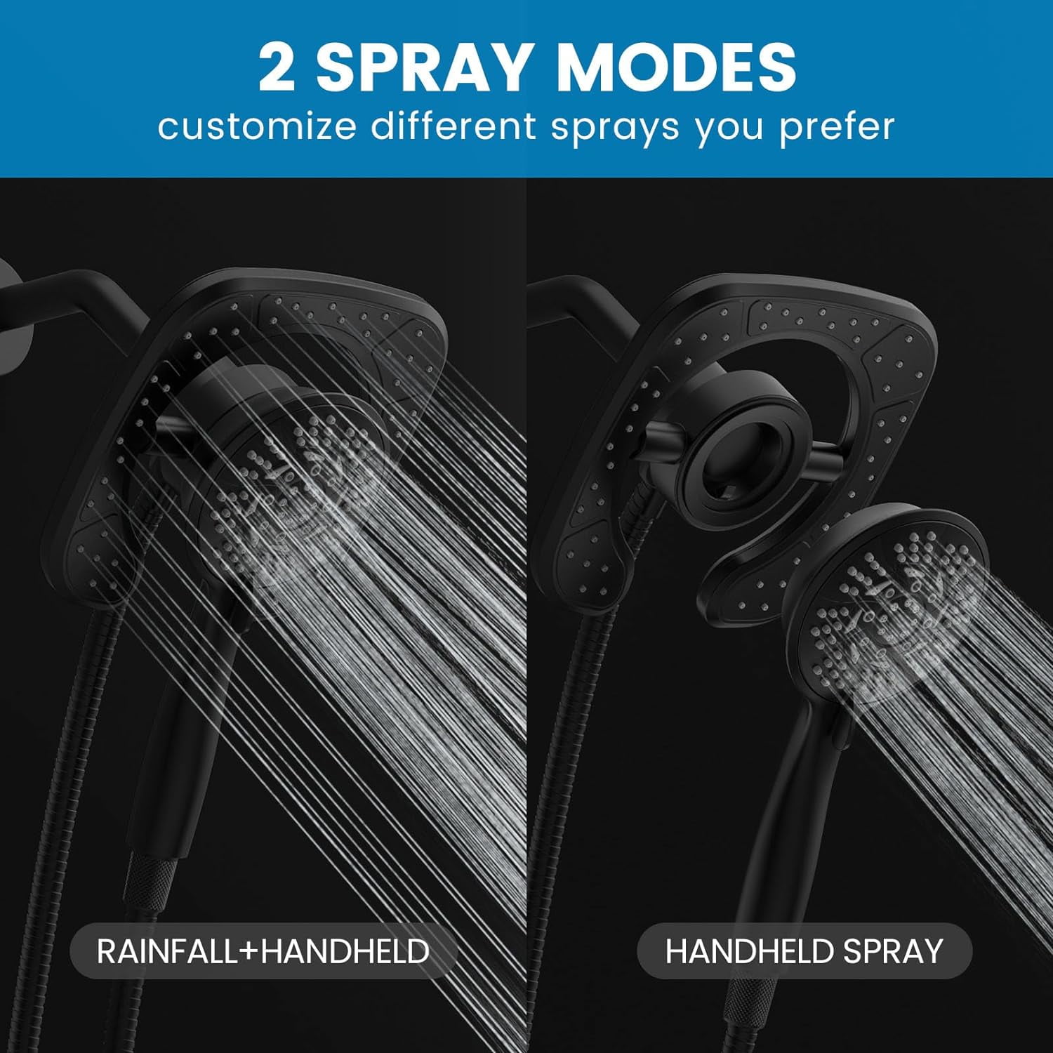 KINGTACK 10-Setting High Pressure Shower Heads, 2 in 1 Rainfall Shower Head & Handheld Showers with Magnetic Docking System, Handheld Shower Head with 59" Rotatable Stainless Steel Hose, Black - Image 5