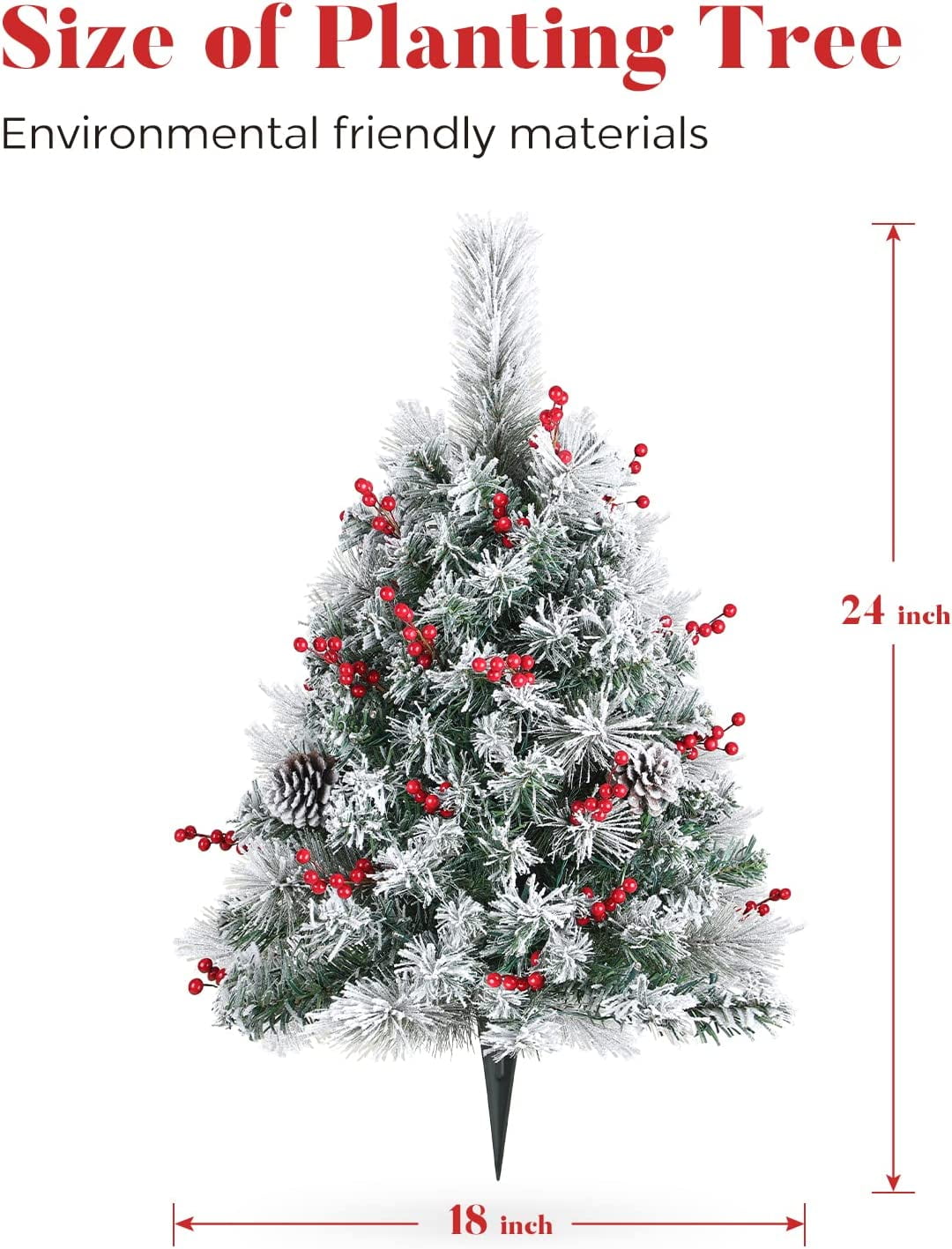 OasisCraft 24 Inch Outdoor Christmas Tree 2 Set, Pre-lit Mini Flocked Christmas Tree Artificial Pathway Xmas Tree 50 LED with Red Berries, Pinecones for Porch Holiday Decor, Green - Image 3