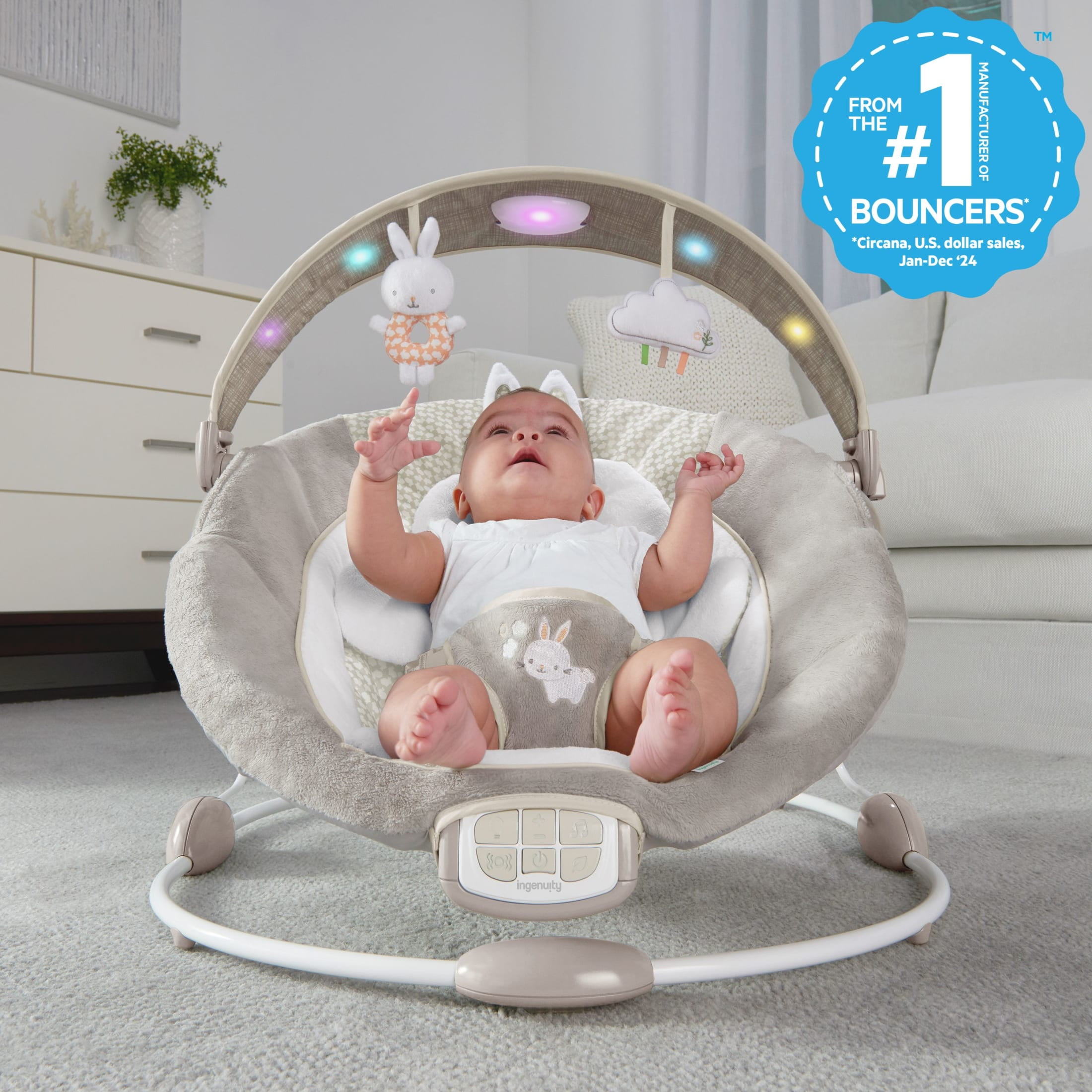Ingenuity InLighten Twinkle Tails Vibrating Infant Baby Bouncer with Lightning Toy Bar and Pillow - Image 11