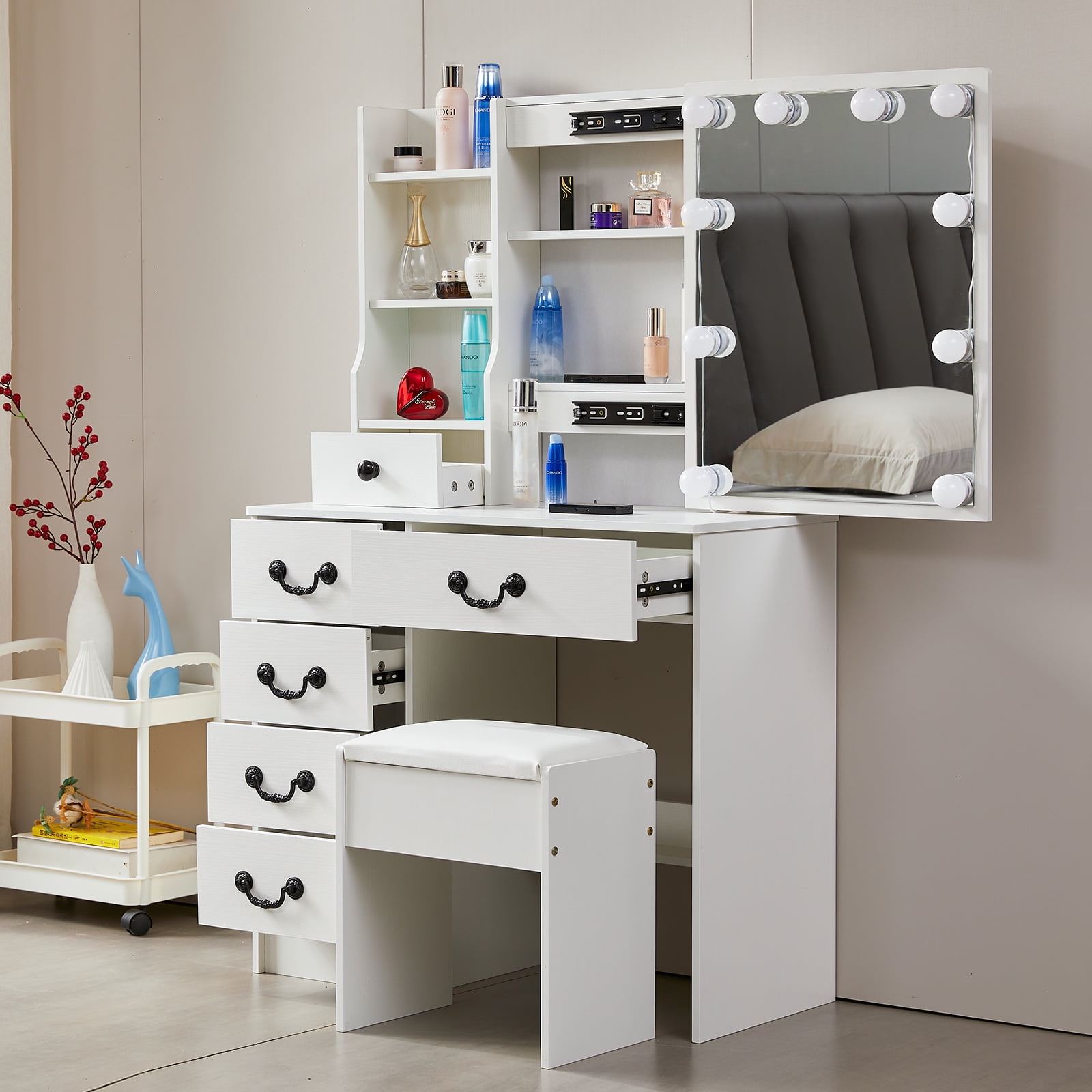 JBLCC Modern Vanity Set with Mirror and Lights, White Vanity Desk with Stool for Women Girls, Makeup Vanity Table with Shelves and 5 Drawers for Bedroom - Image 7