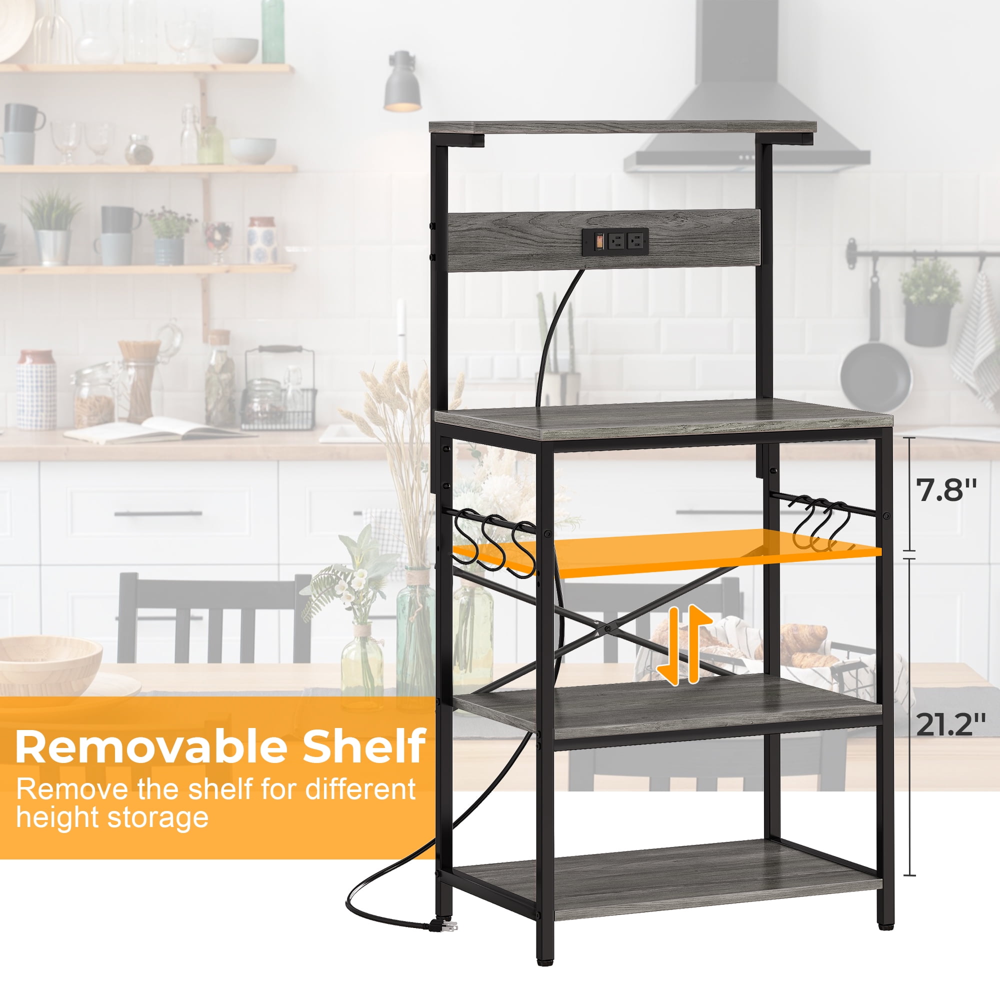 SUPERJARE Bakers Rack with Power Outlet, Kitchen Coffee Bar Table, Wood Microwave Stand with Hooks and Storage Shelves, Kitchen Shelf Rack, Charcoal Gray - Image 4