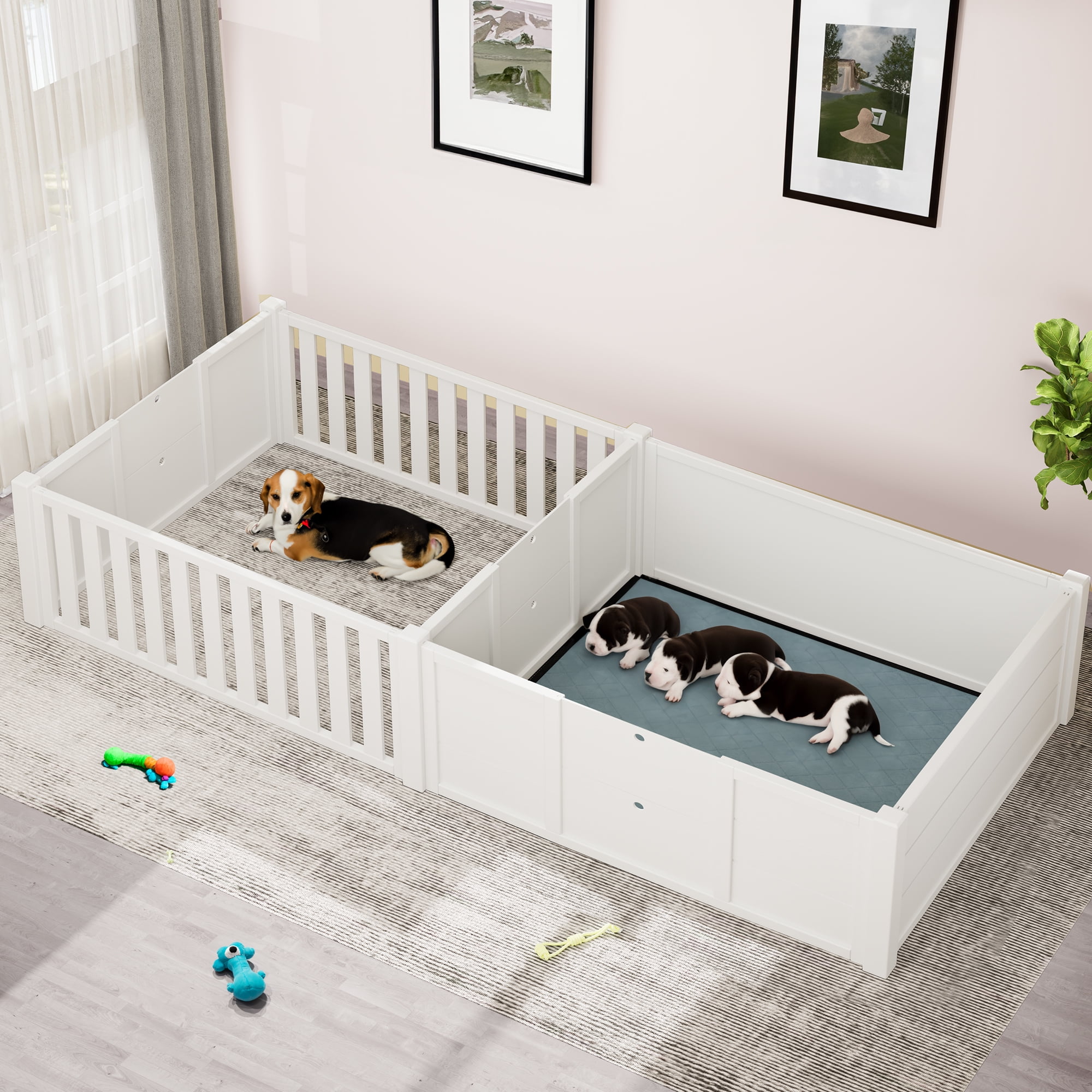 Uforic Whelping Box for Dogs,Spacious Wooden Dog Crate,Puppy Birthing Supplies with Waterproof Floor Mat, Double Rooms,78"L x 39.4"W x 17.7"H,White - Image 3