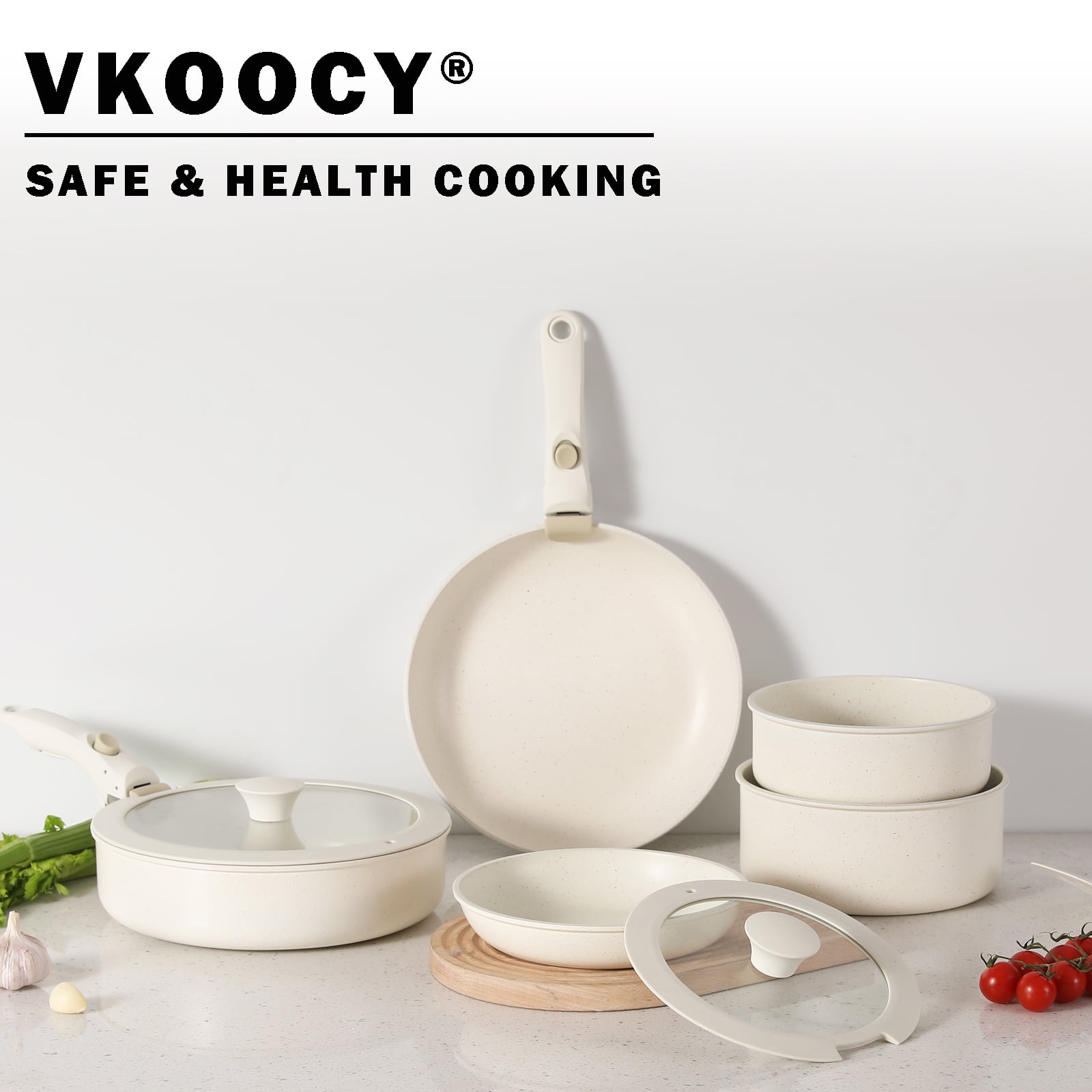 Vkoocy 9 Piece Nonstick Ceramic Pot and Pan Set Cookware Set with Removable Handle Detachable Handle Cream - Image 5