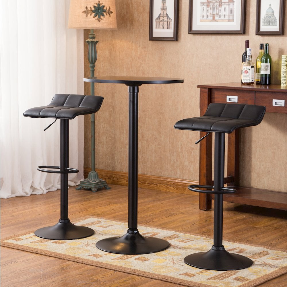Roundhill Furniture Belham Black Round Top with Black Leg And Base Metal Bar Table and 2 Swivel Black Bonded Leather Adjustable Bar Stool Bar Sets - Image 5