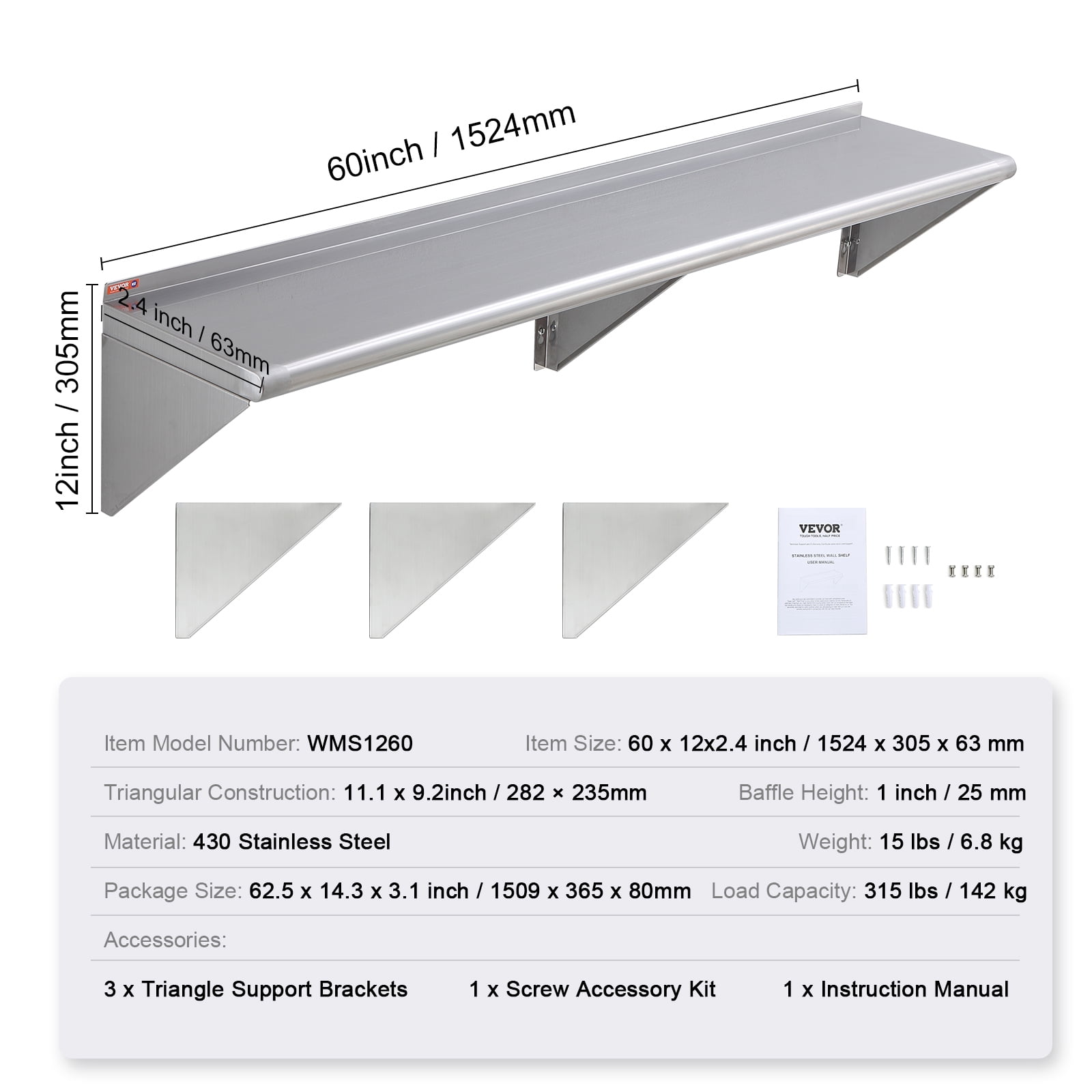 Stainless Steel Wall Mounted Shelf 12 x 60”, , Commercial Wall Shelf/Backsplash Food Service Storage Rack Shelving for Restaurant, Kitchen and Hotel - Image 2