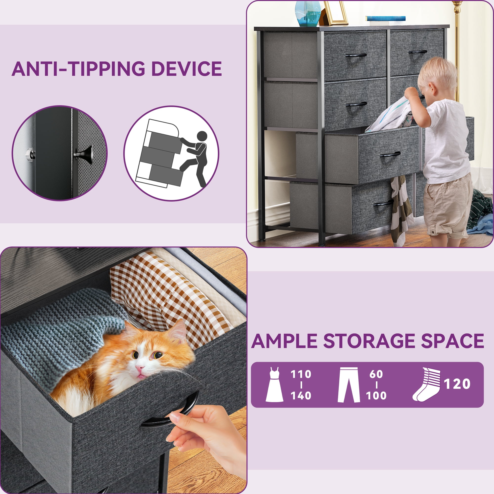 Uforic 8 Drawers Dresser Chest of Drawers for Bedroom Fabric Storage Dressers for Living Room Bedroom Black Gray - Image 3