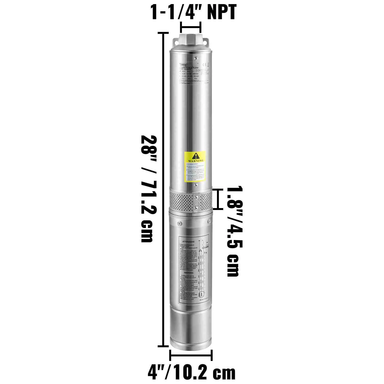 VEVORDeep Well Submersible Pump, 0.5HP/370W 230V/60Hz, 28GPM 167 ft Head, with 33 ft Electric Cord, 4 inch Stainless Steel Water Pumps for Industrial, Irrigation and Home Use, IP68 Waterproof Grade - Image 7
